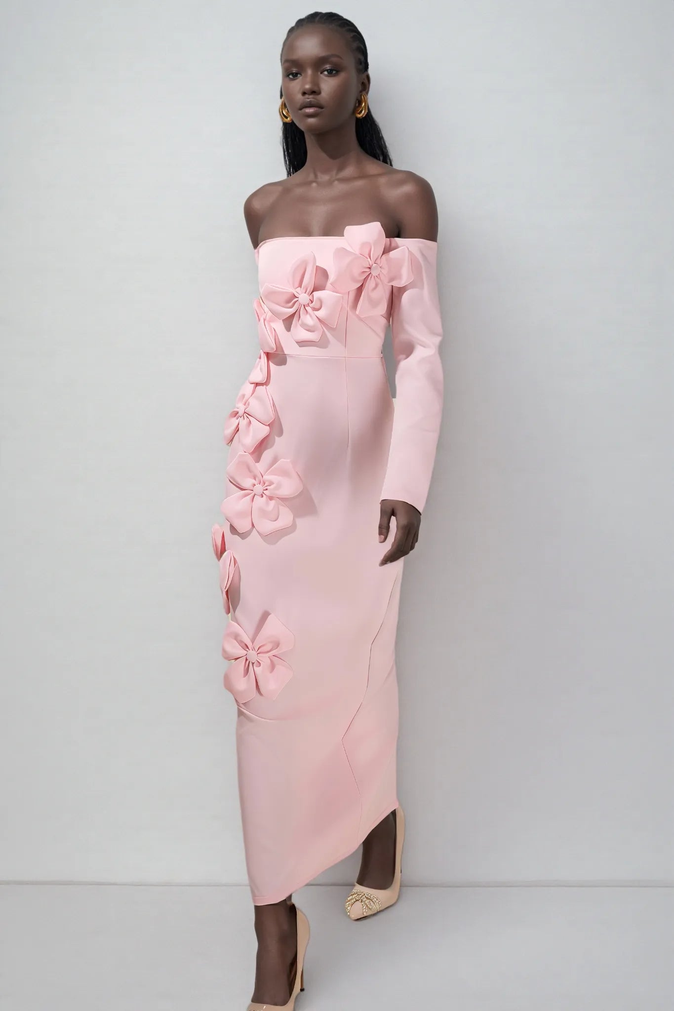 HILARY PINK 3D FLOWER STRAPLESS MIDI DRESS