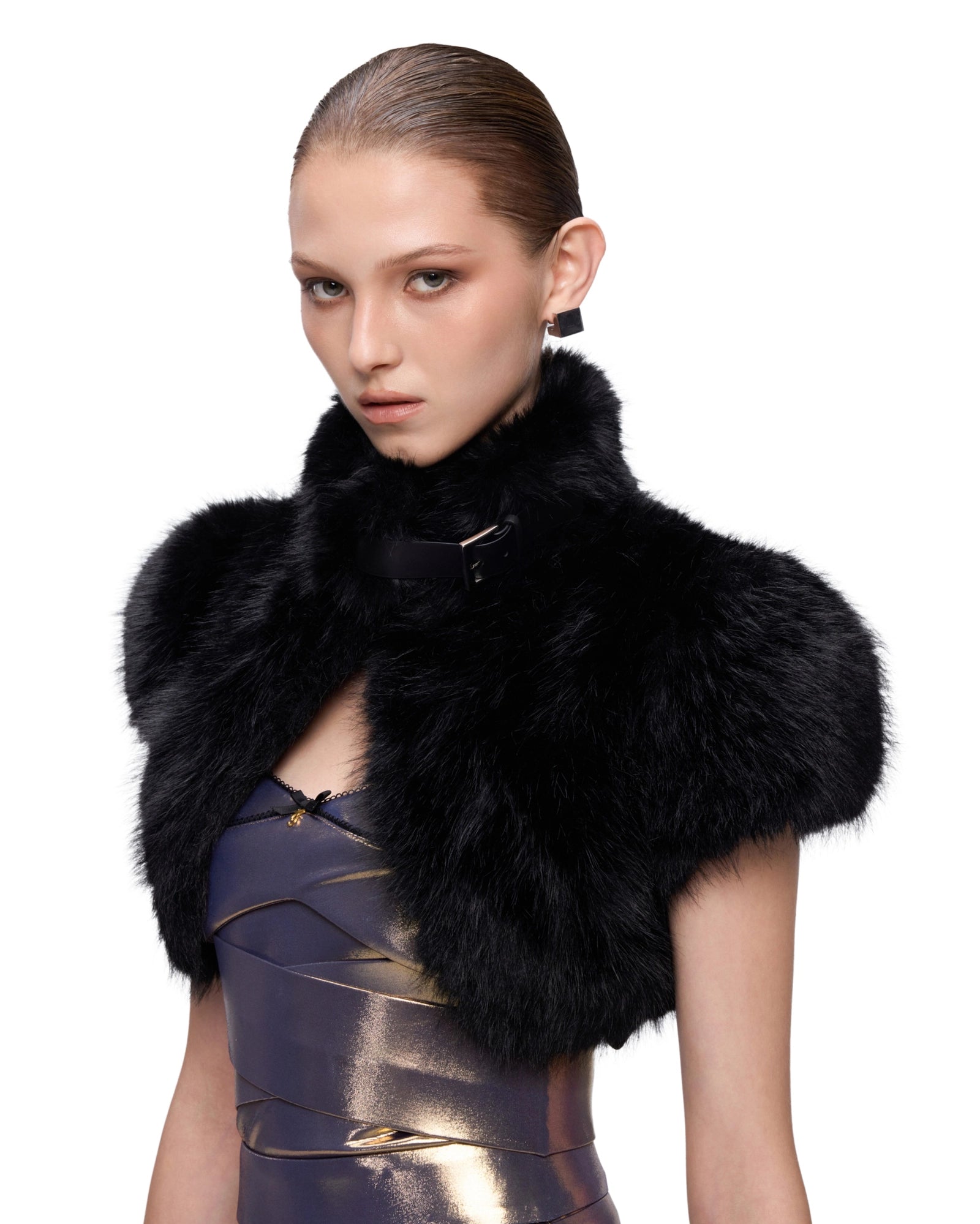 BLACK FUR SHAWL TOP, EVENING LAYER