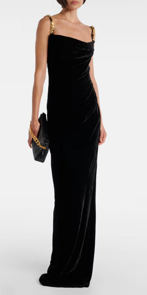 mag black Metal chain strap square neck velvet maxi dress
