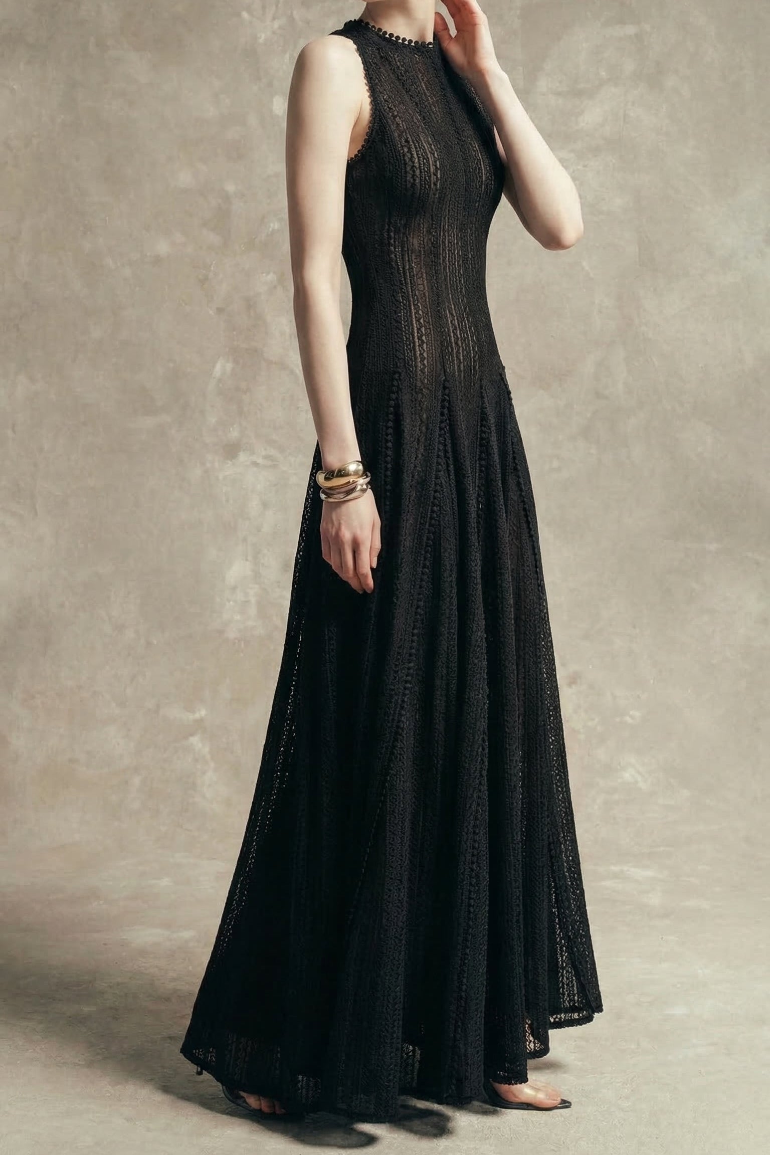 SLEEVELESS LACE CROCHET MAXI DRESS, BLACK, WEDDING GUEST