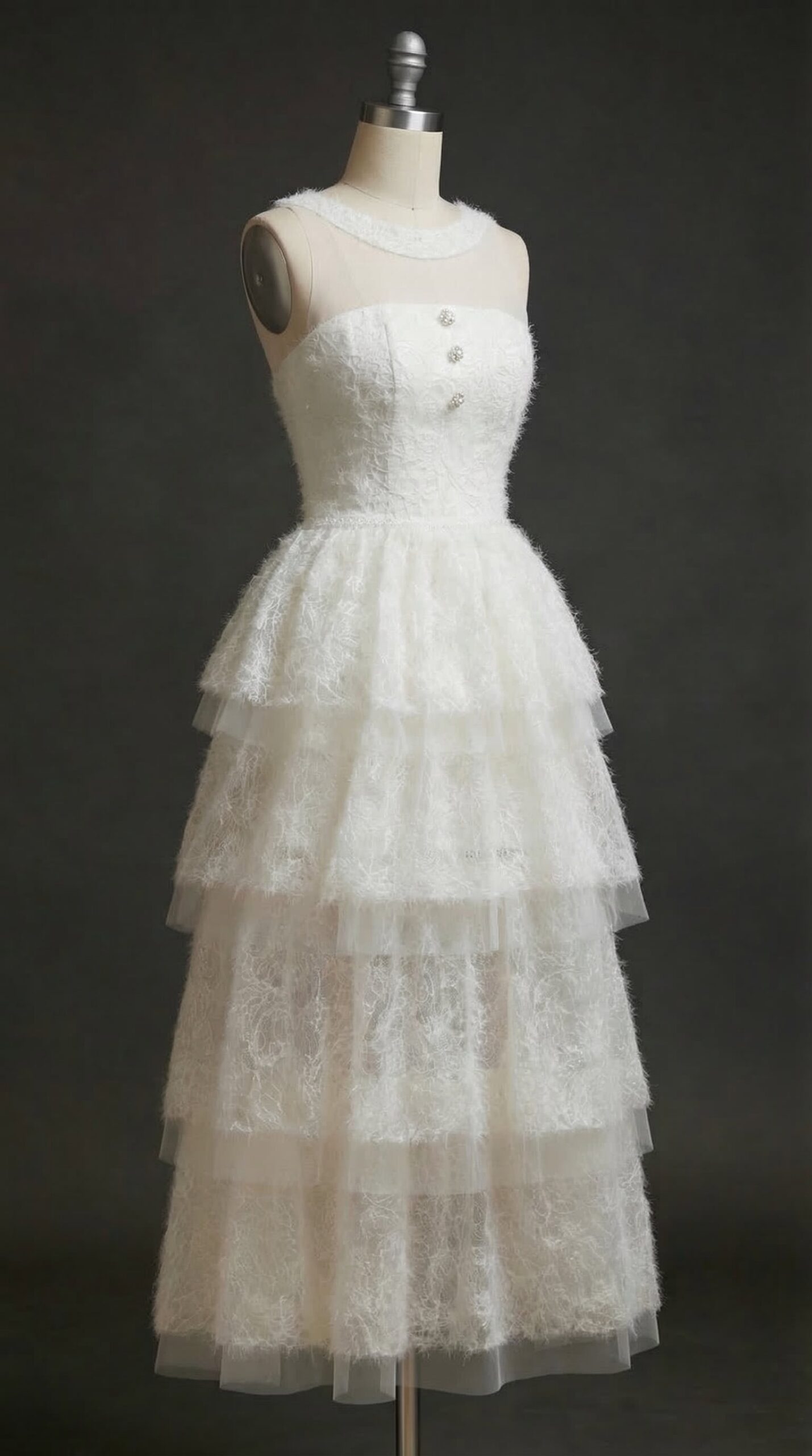 WHITE MESH LAYER DRESS WITH STITCHING DETAIL
