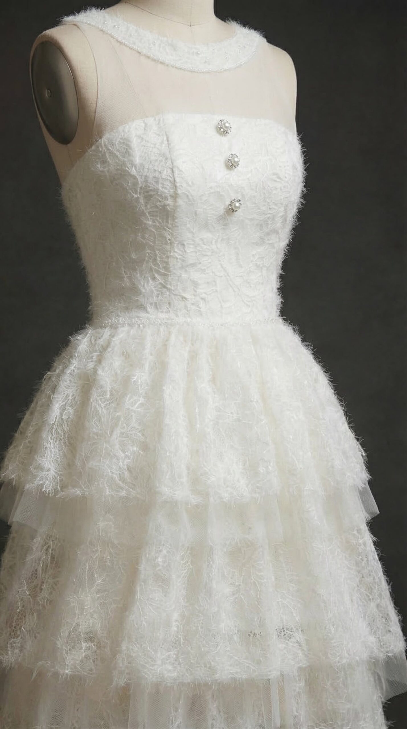 WHITE MESH LAYER DRESS WITH STITCHING DETAIL