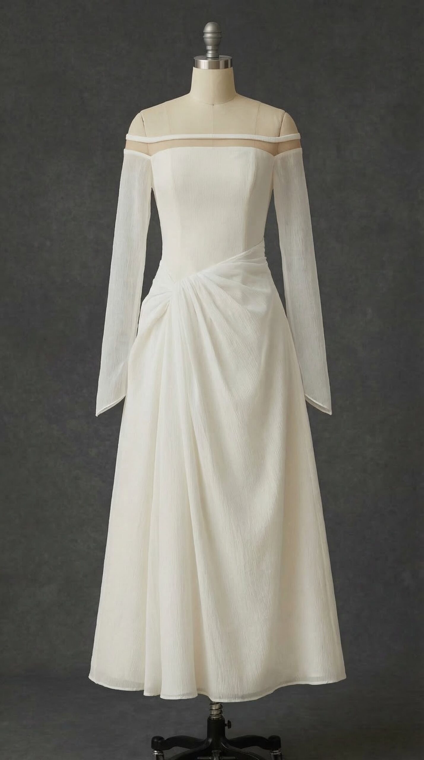 JUDITH OFF-SHOULDER A-LINE WHITE MIDI DRESS