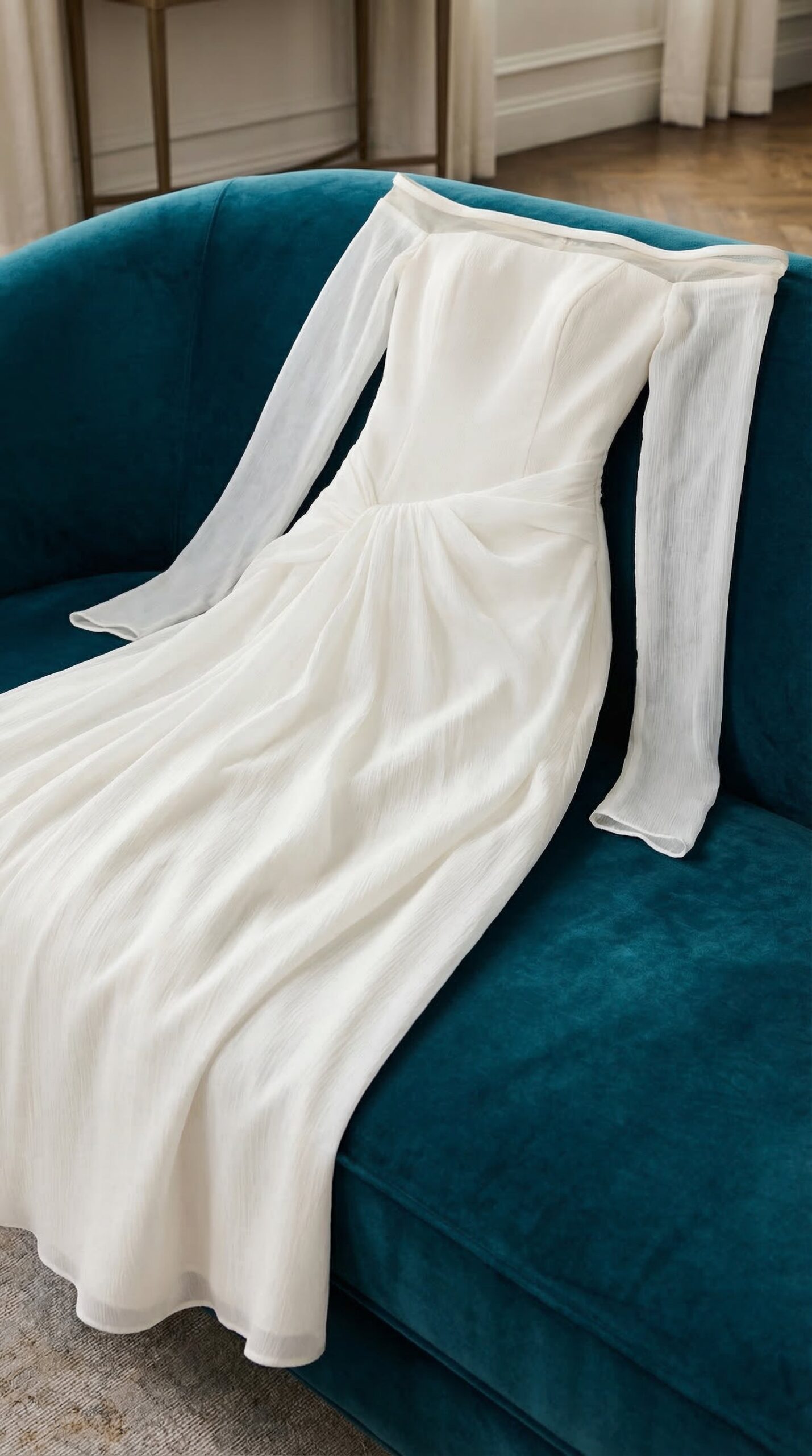 JUDITH OFF-SHOULDER A-LINE WHITE MIDI DRESS