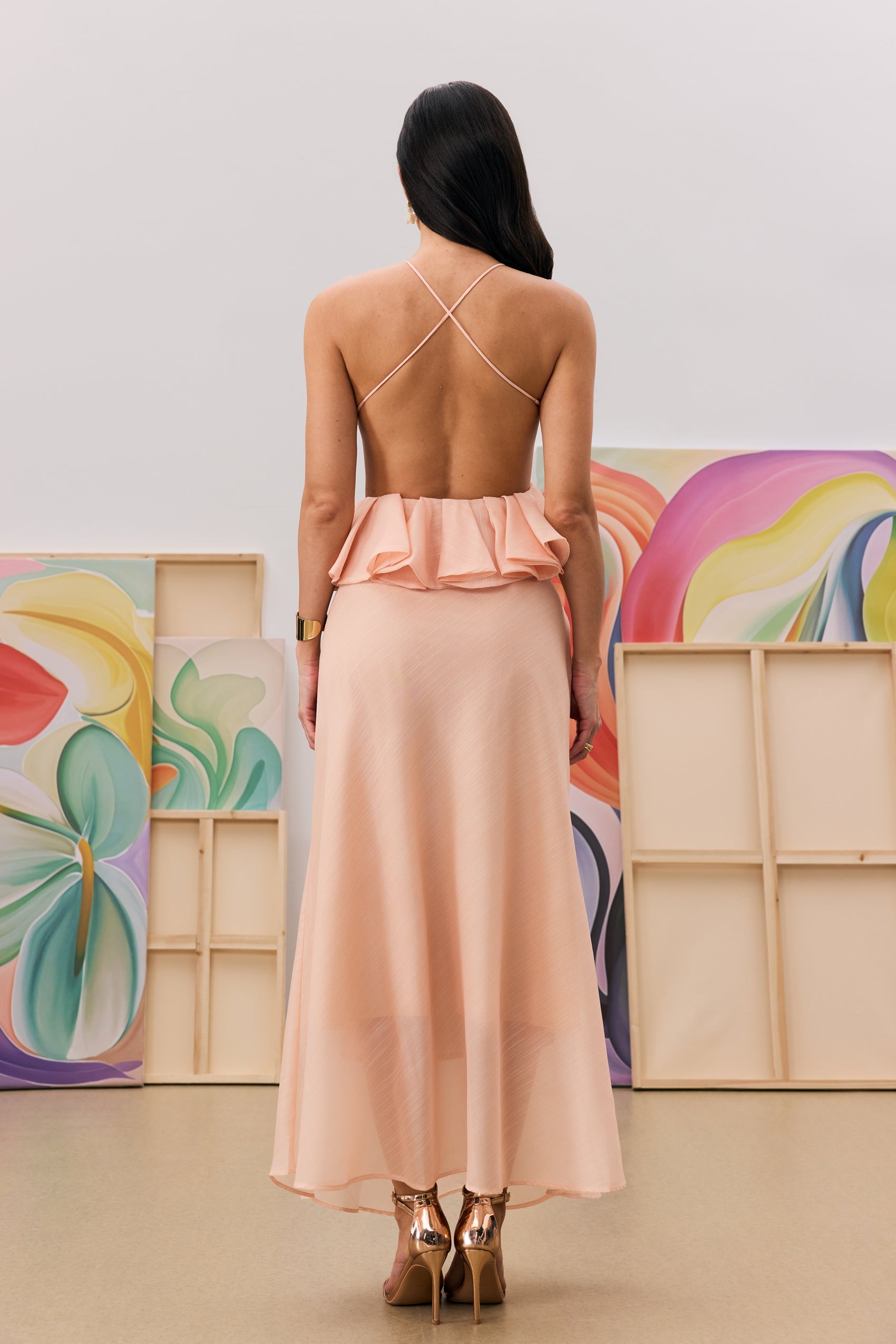 AURORA PINK HALTER RUFFLE MAXI DRESS FOR WEDDING