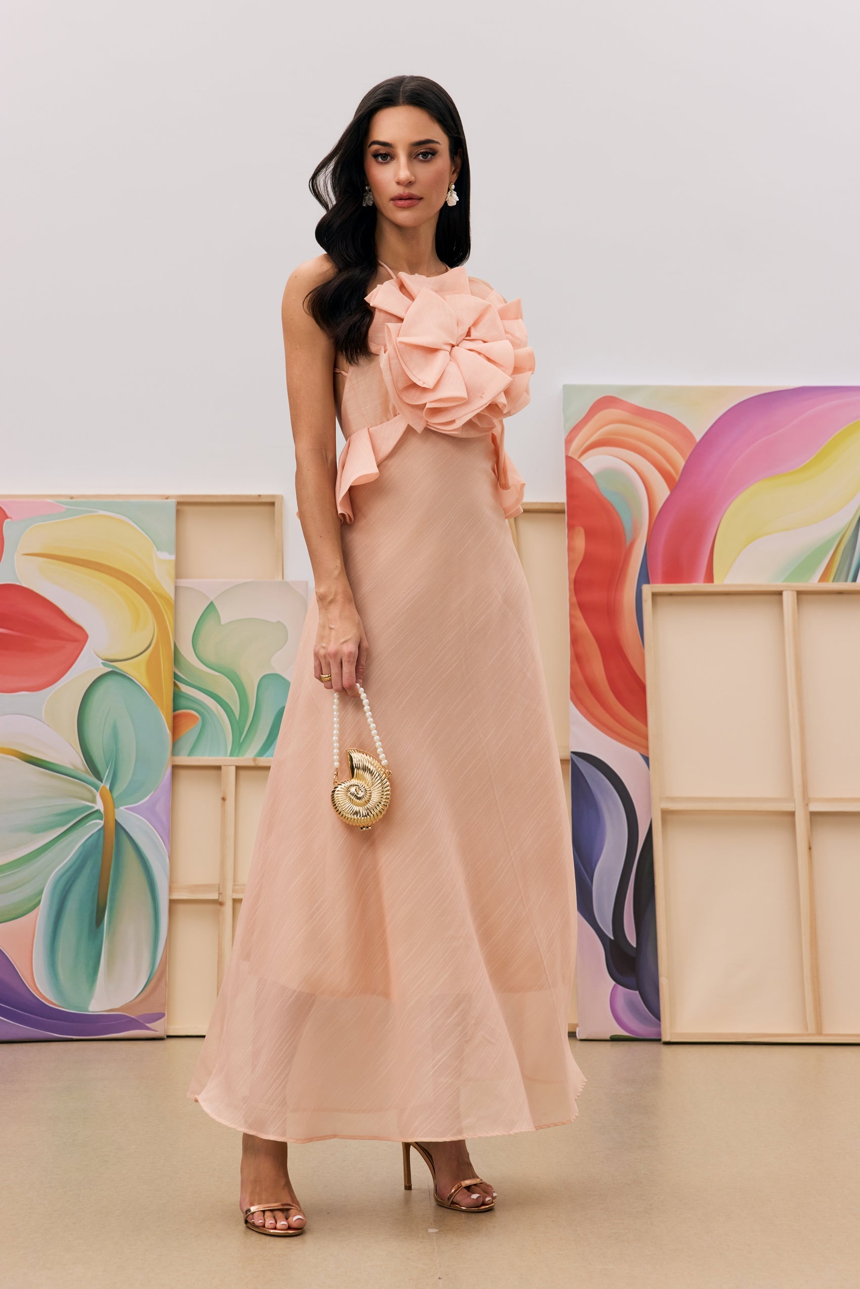 AURORA PINK HALTER RUFFLE MAXI DRESS FOR WEDDING