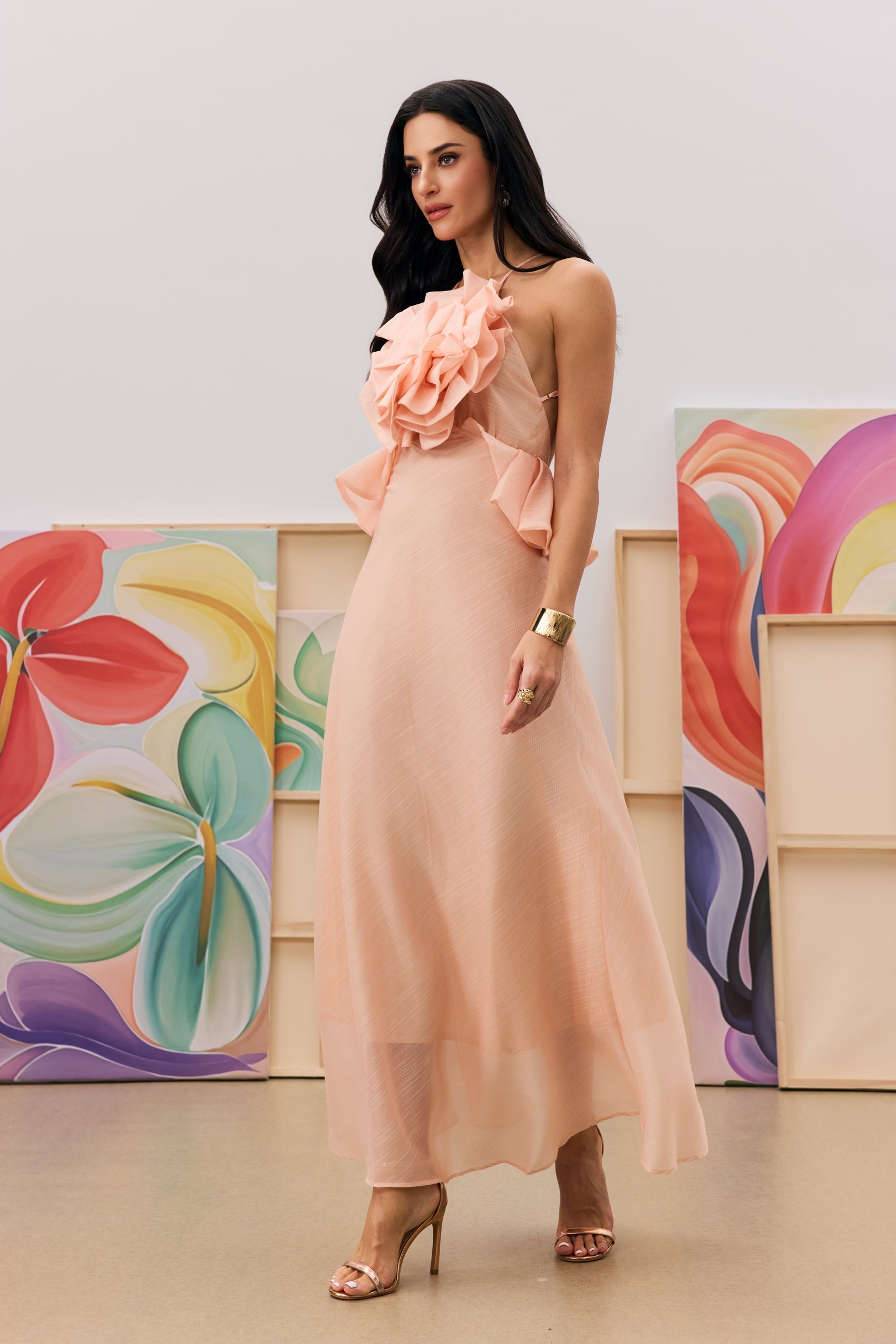 AURORA PINK HALTER RUFFLE MAXI DRESS FOR WEDDING