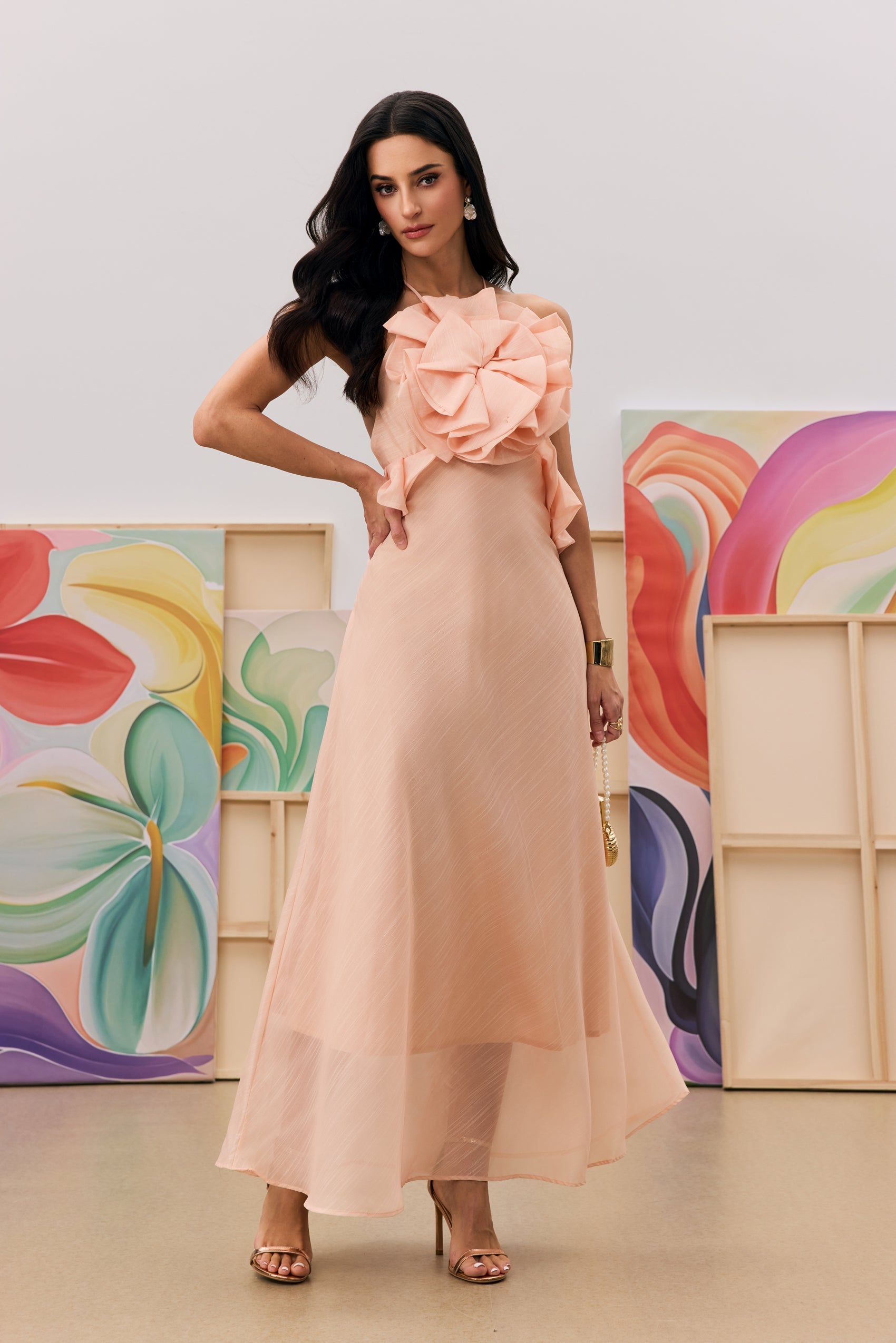 AURORA PINK HALTER RUFFLE MAXI DRESS FOR WEDDING