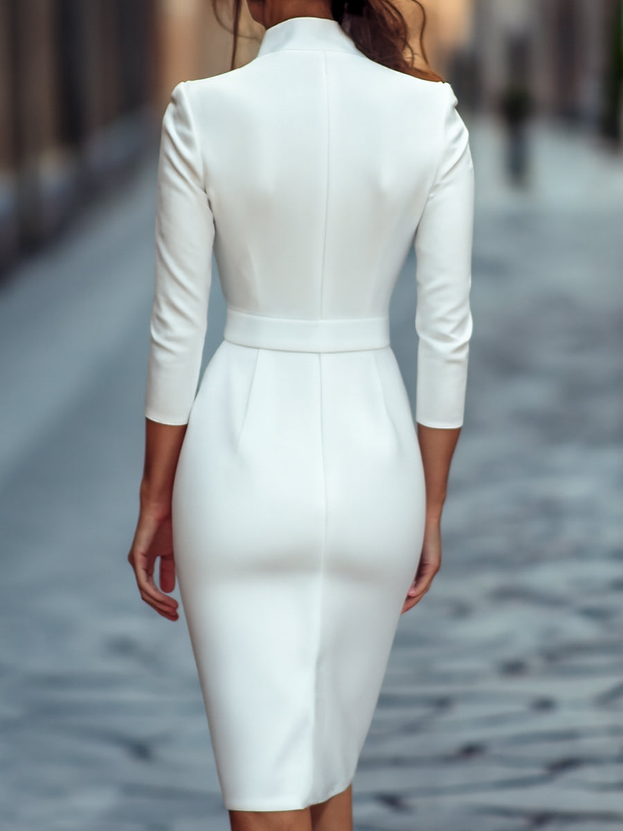 REFINED BLACK BELTED SHEATH DRESS, MANDARIN COLLAR