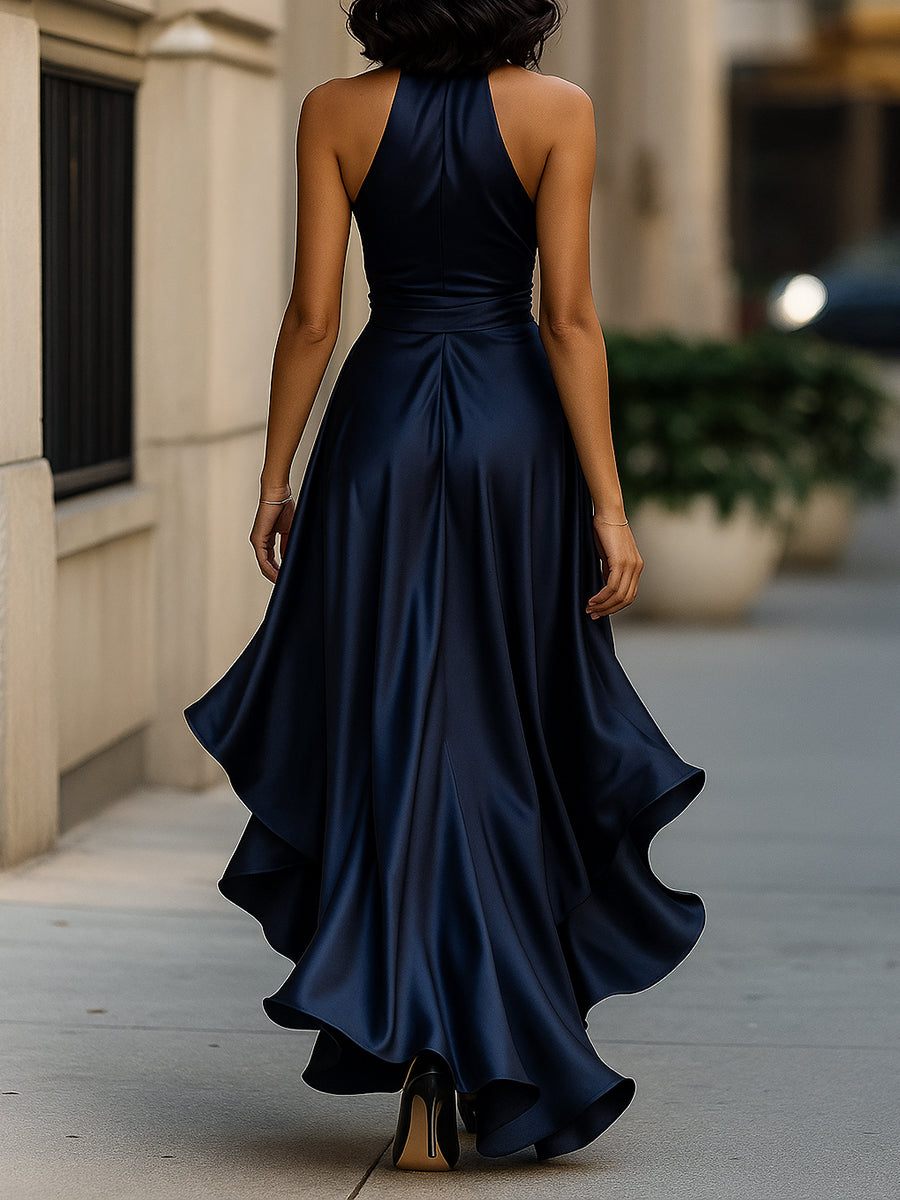 MIDNIGHT SATIN HALTER RUFFLE GOWN