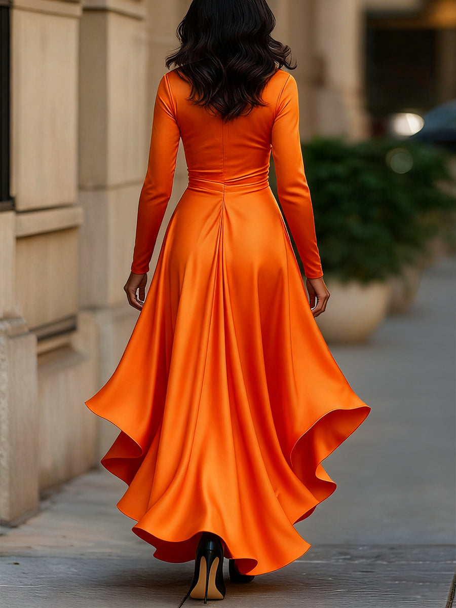 MIDNIGHT BLUE DRAPED SATIN MAXI DRESS, RUFFLE EVENING GOWN