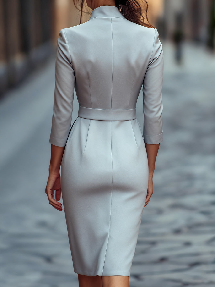 REFINED BLACK BELTED SHEATH DRESS, MANDARIN COLLAR