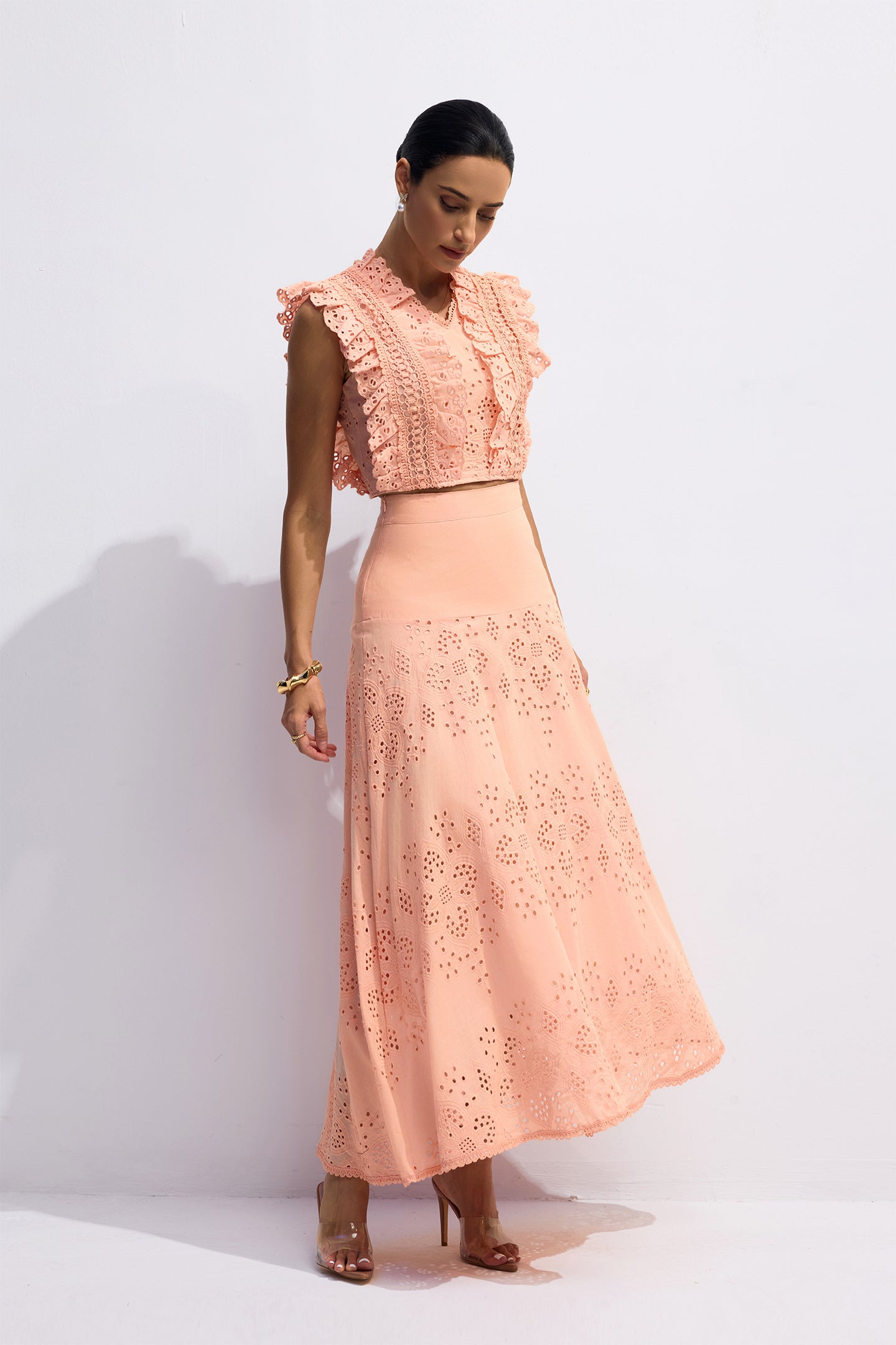 BONNIE V-NECK EMBROIDERY CROP TOP & SKIRT SET IN ORANGE