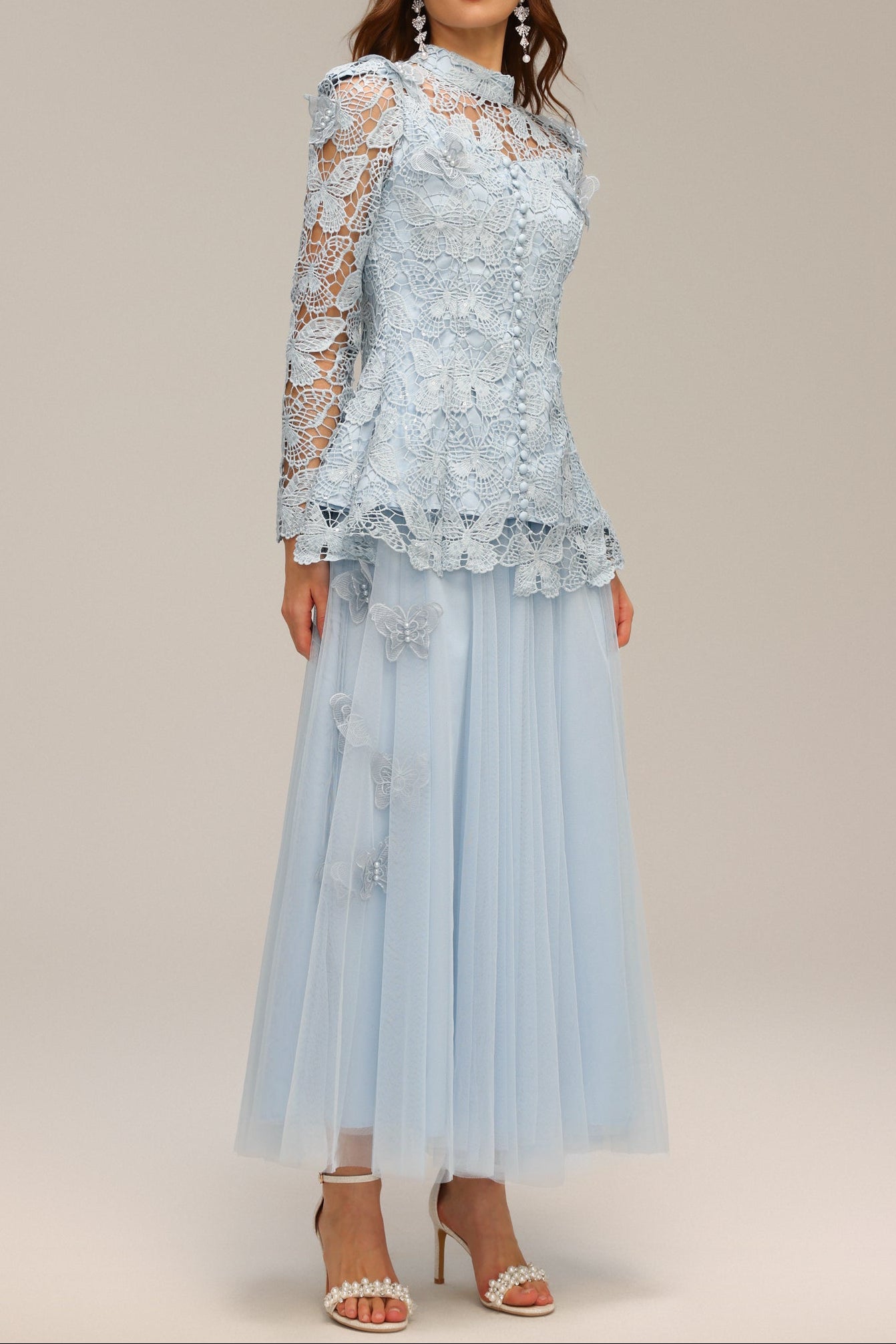 YVETTE BLUE LACE TWO-PIECE SET | LONG SLEEVE BUTTERFLY TOP & SKIRT