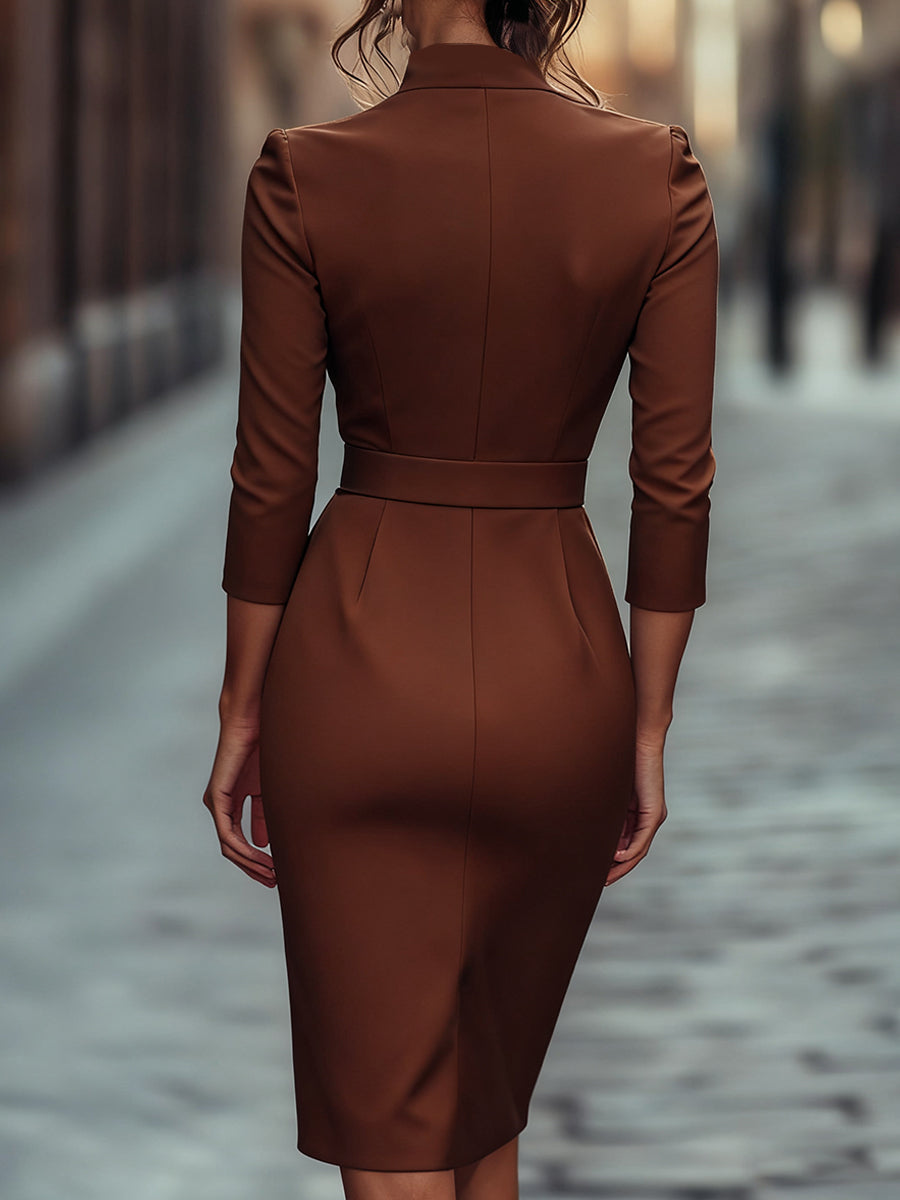 REFINED BLACK BELTED SHEATH DRESS, MANDARIN COLLAR