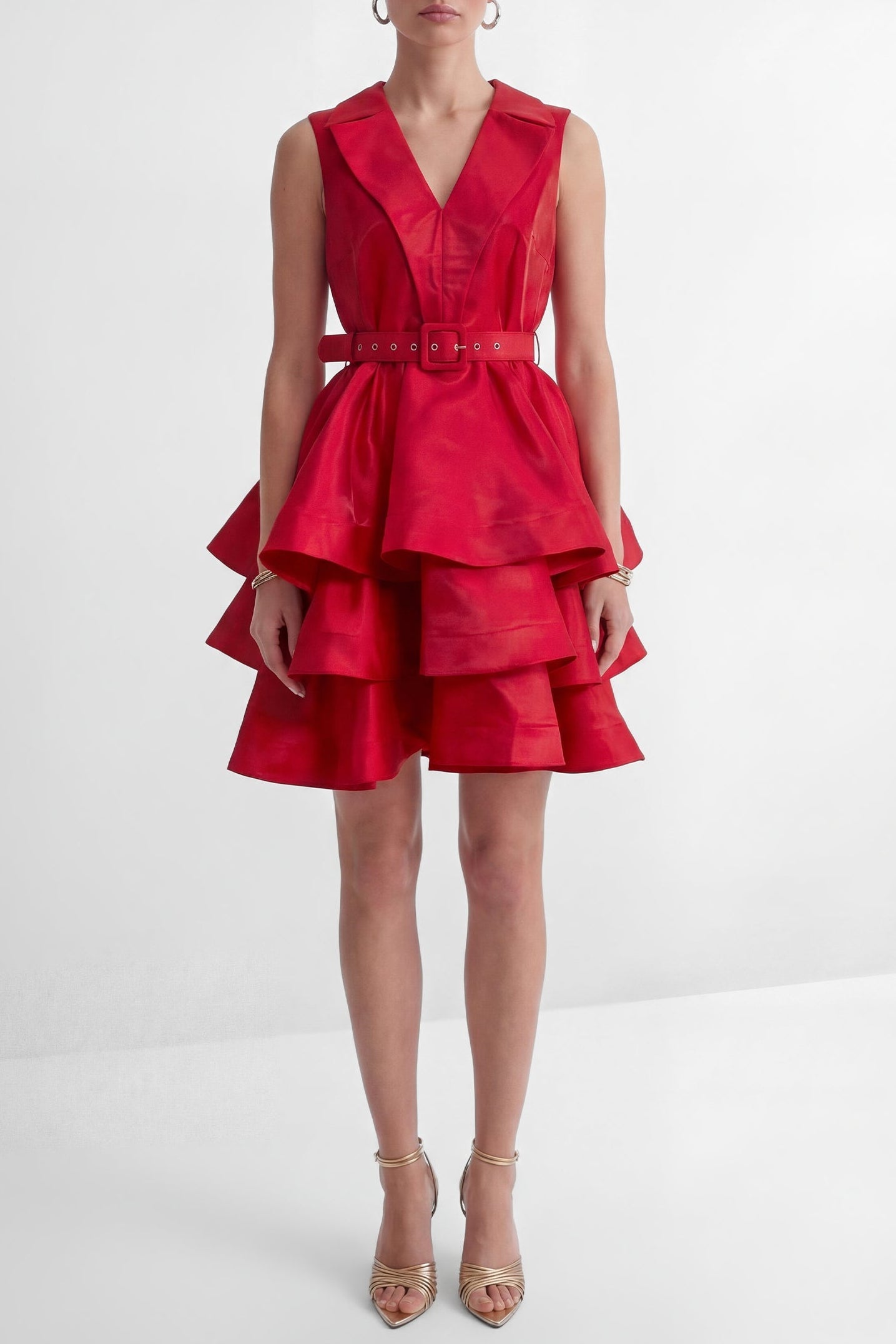 3-64 JESSICA RED V-NECK RUFFLE MINI DRESS