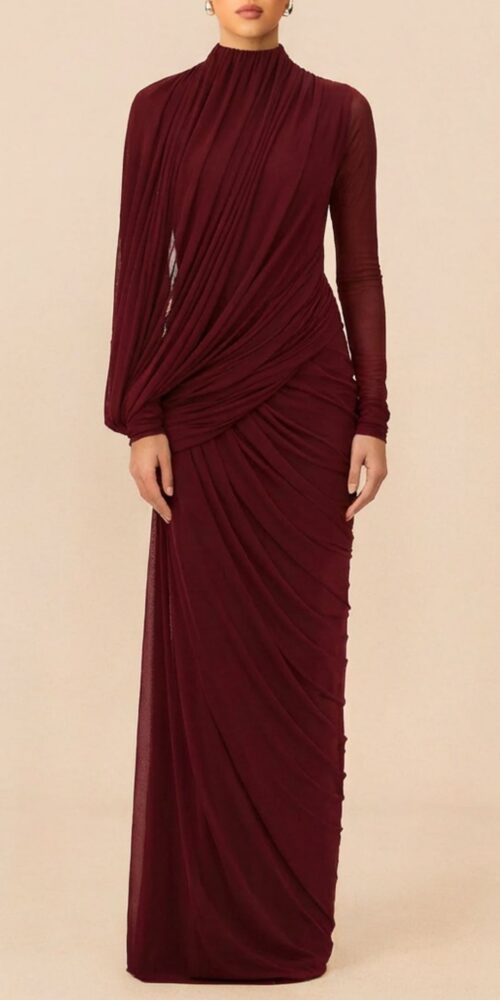 liz High Neck Asymmetric Drape ruched Maxi Dress in burgundy liz High Neck Asymmetric Drape ruched Maxi Dress in burgundy
