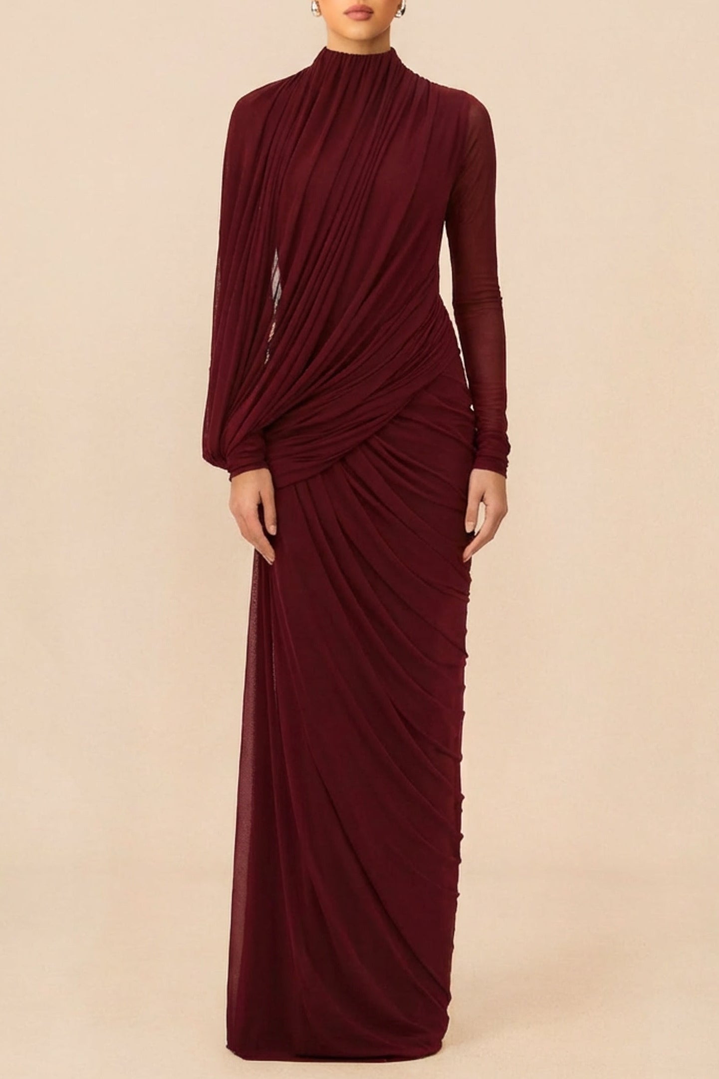 LIZ HIGH NECK ASYMMETRIC BURGUNDY MAXI DRESS