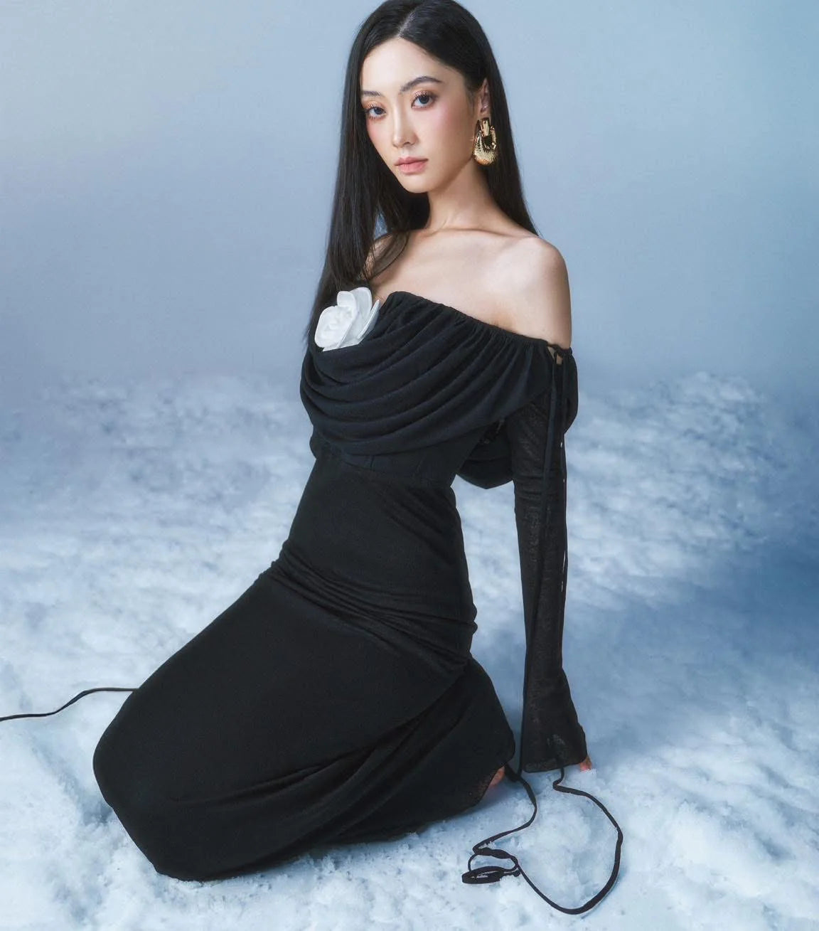 LILA BLACK PLEATED STRAPLESS MAXI DRESS WITH FLOWER EMBELLISHMENT