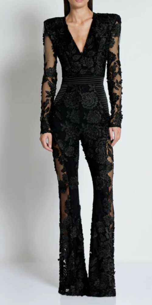 diamond three-dimensional flower jumpsuit in black