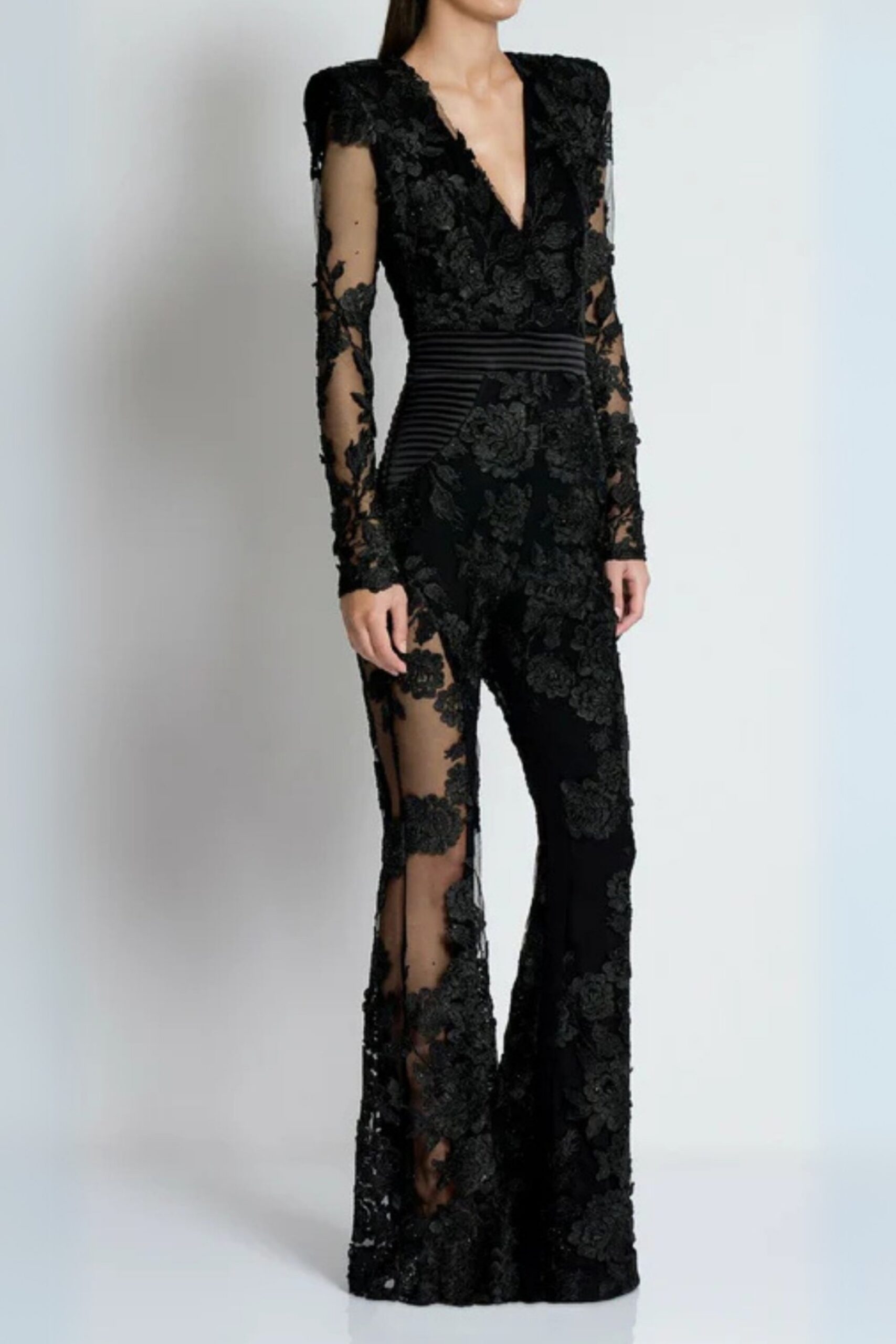 BLACK DIAMOND 3D FLOWER JUMPSUIT, ELEGANT PARTY