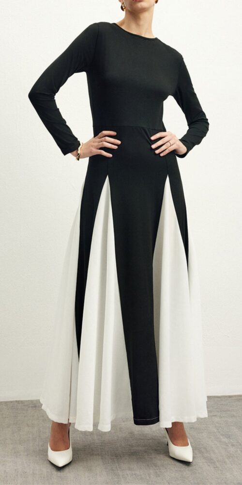 Contrast Color Long Sleeve Midi Dress