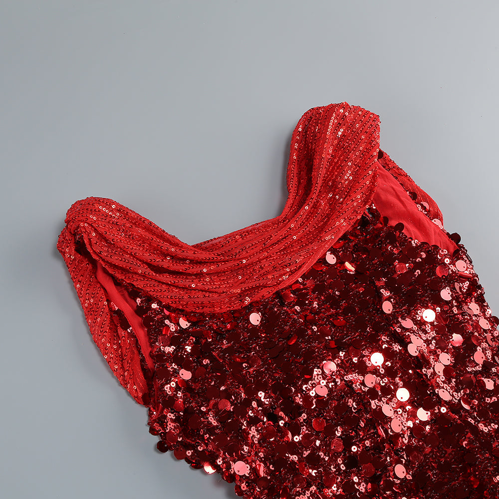 SEQUIN RED MAXI DRESS, SLEEVELESS EVENING GOWN