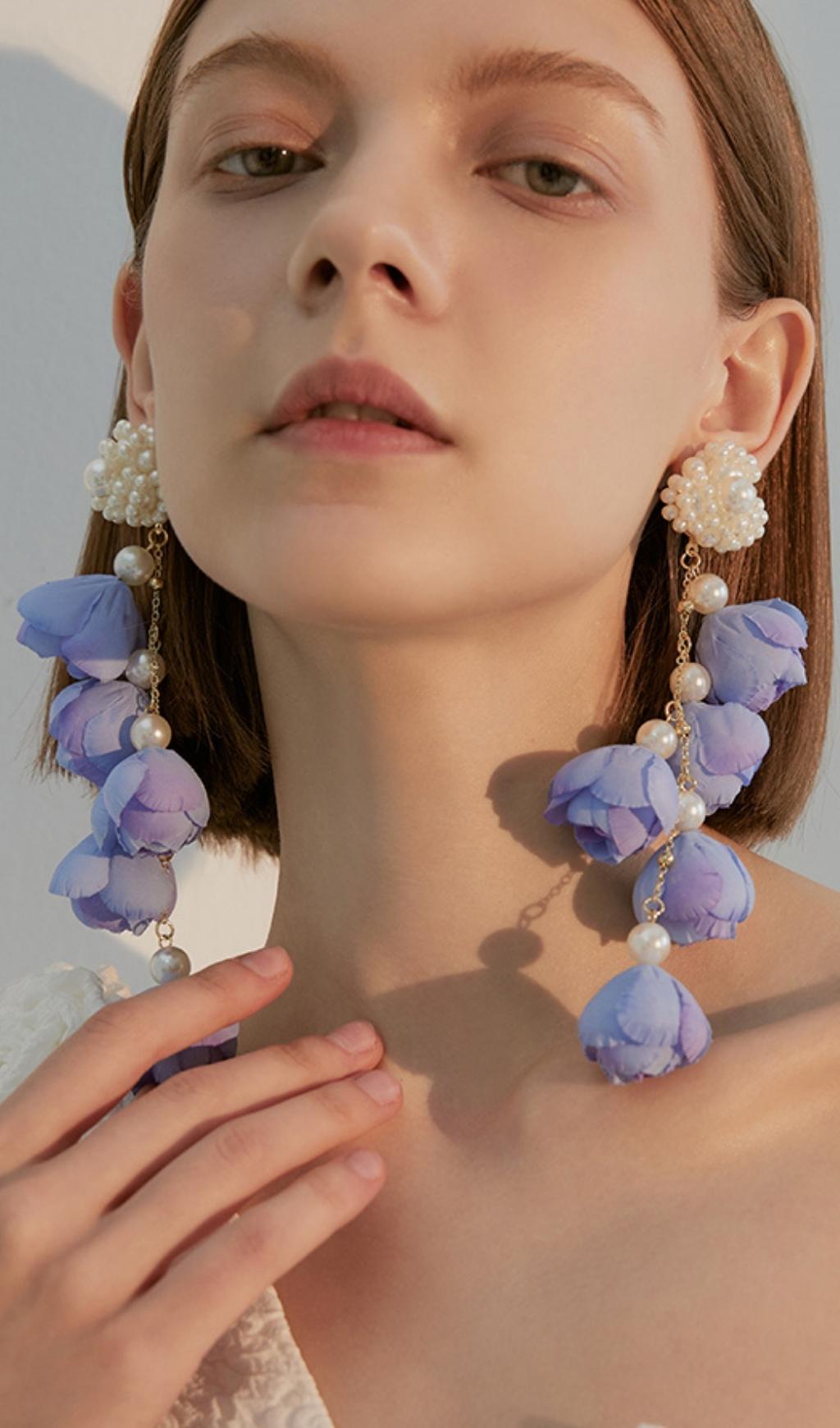 VIOLET PEARL FLOWER DANGLE EARRINGS FOR WEDDING