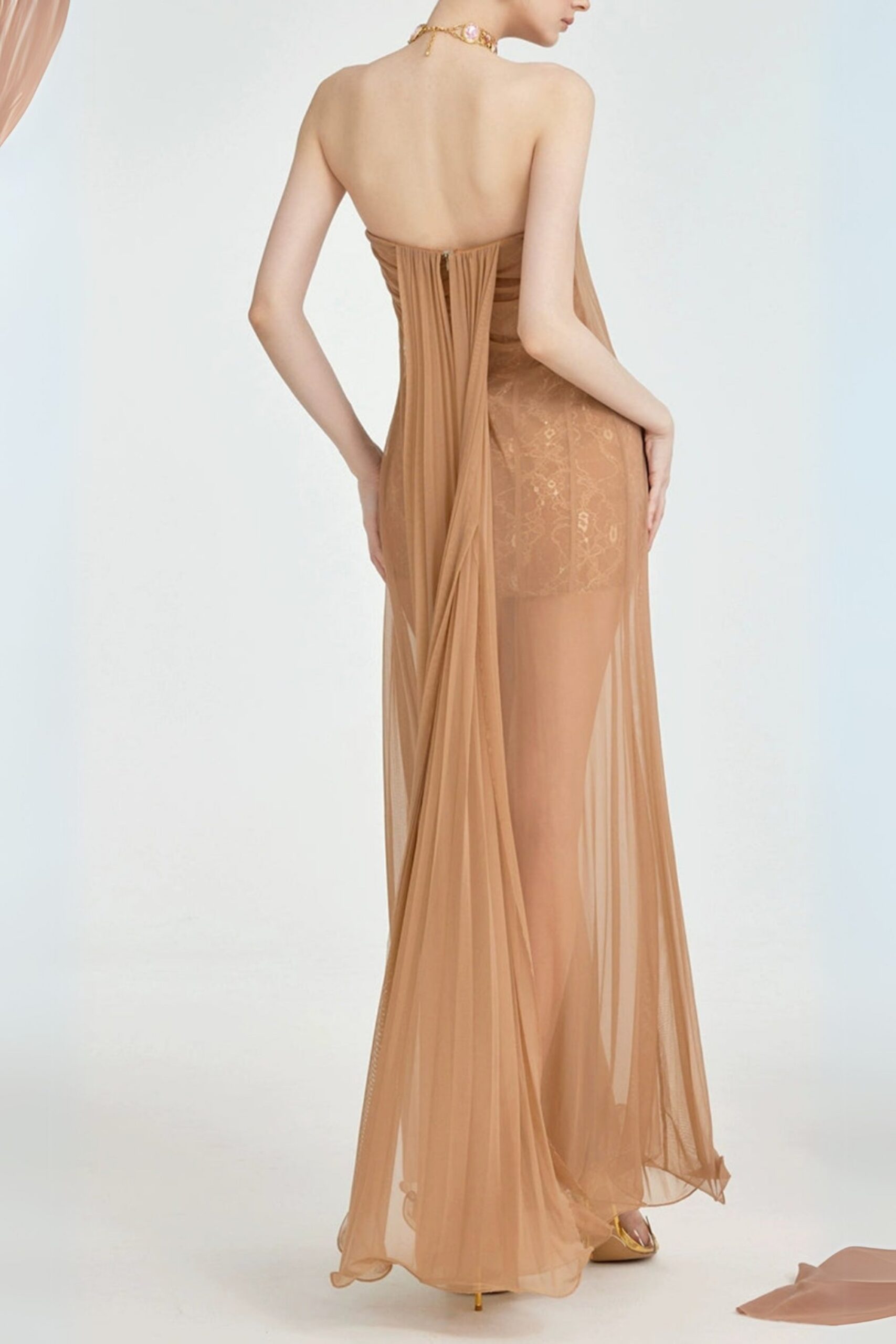 THEA STRAPLESS MESH BACKLESS BROWN MAXI DRESS