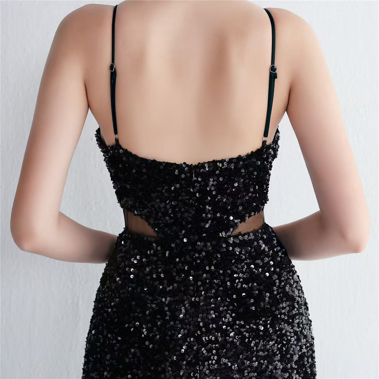 MARIAN BLACK CUTOUT SEQUIN HALTER MAXI DRESS