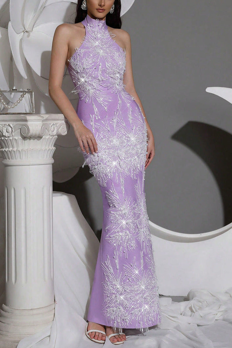 VIOLET PANDORA BEADED TASSEL SEQUIN MAXI DRESS