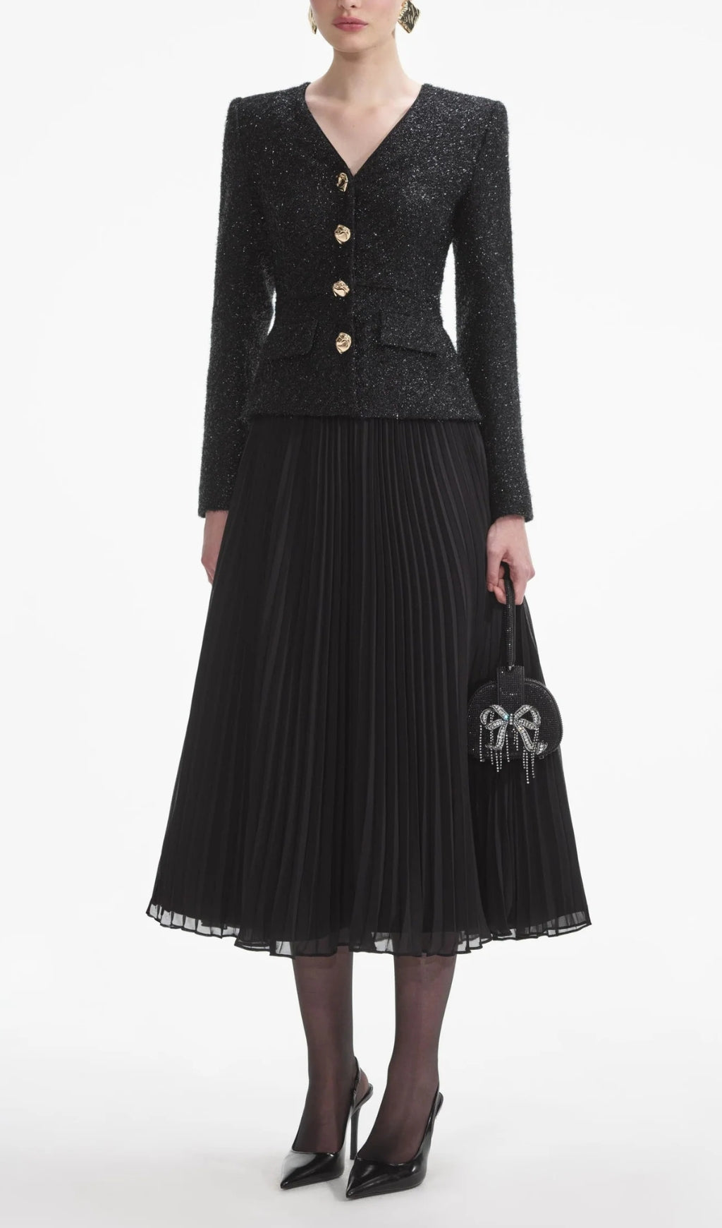 BLACK BOUCLE MIDI DRESS, TINSEL CHIFFON PARTY