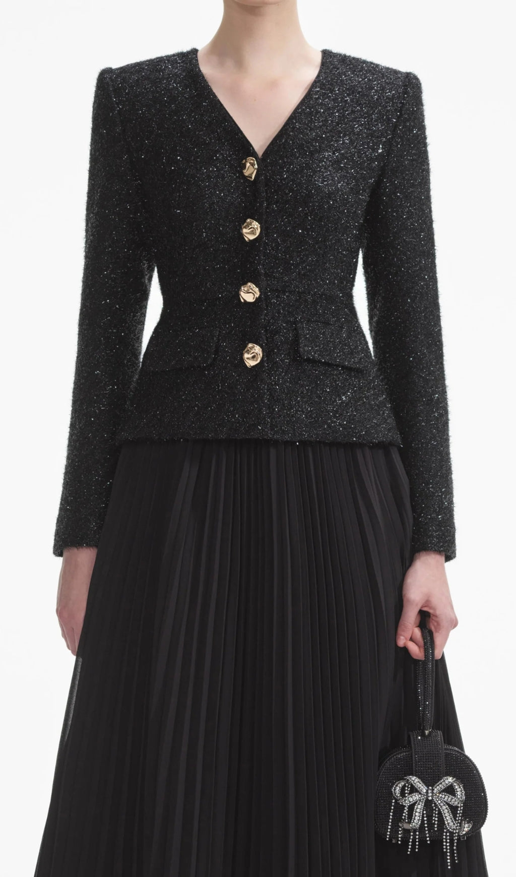 BLACK BOUCLE MIDI DRESS, TINSEL CHIFFON PARTY