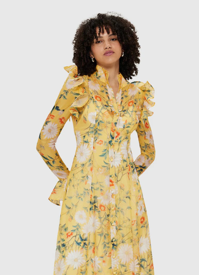 YELLOW DAISY PRINT BUTTERFLY SLEEVE MIDI DRESS