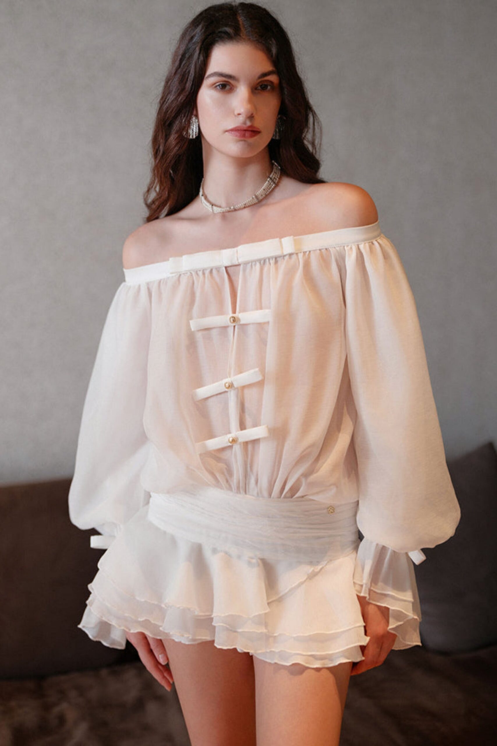 PEARL WHITE PUFF SLEEVE STRAPLESS MINI DRESS