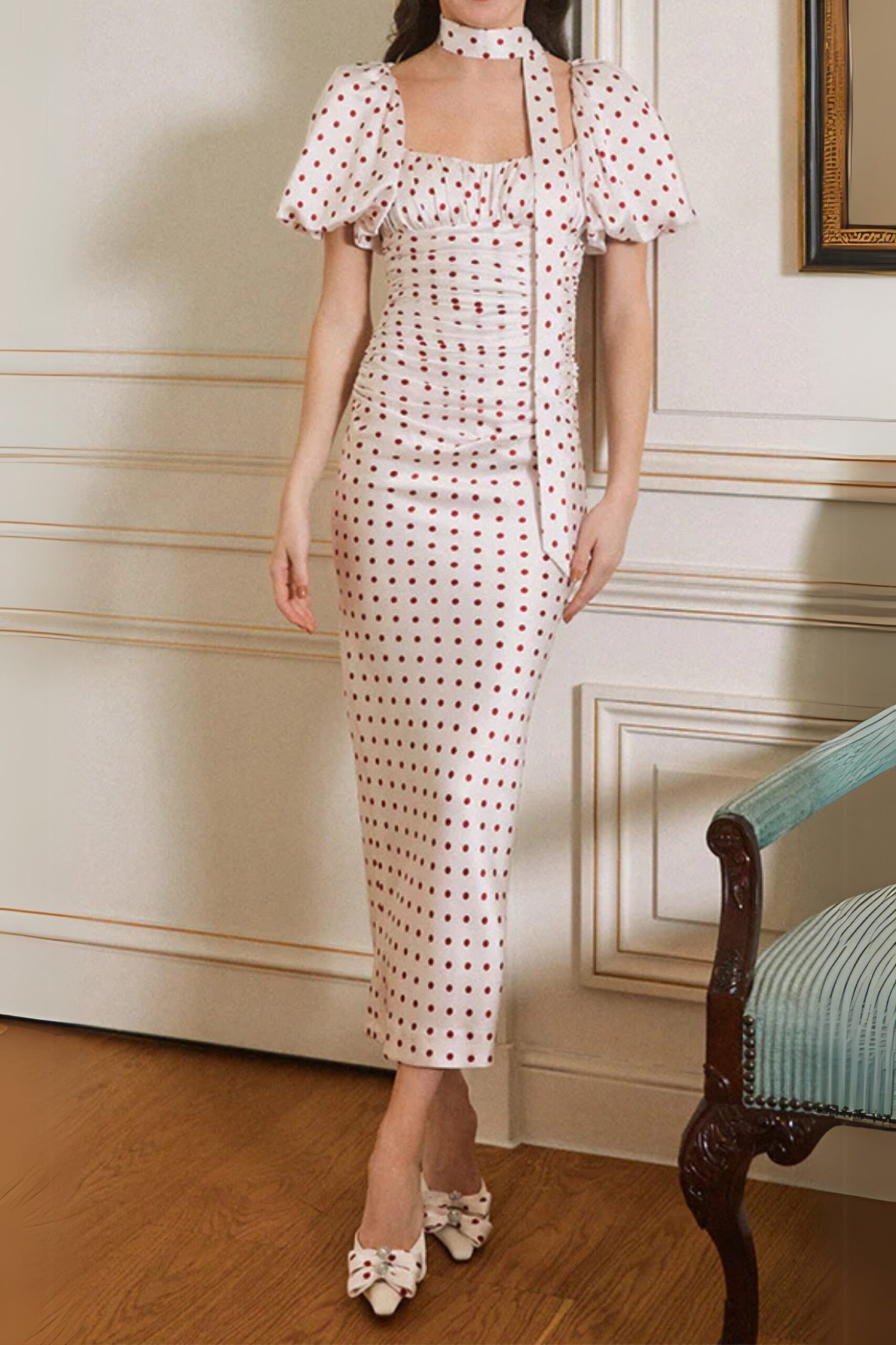 RED POLKA DOT BUBBLE SLEEVE MIDI PARTY DRESS