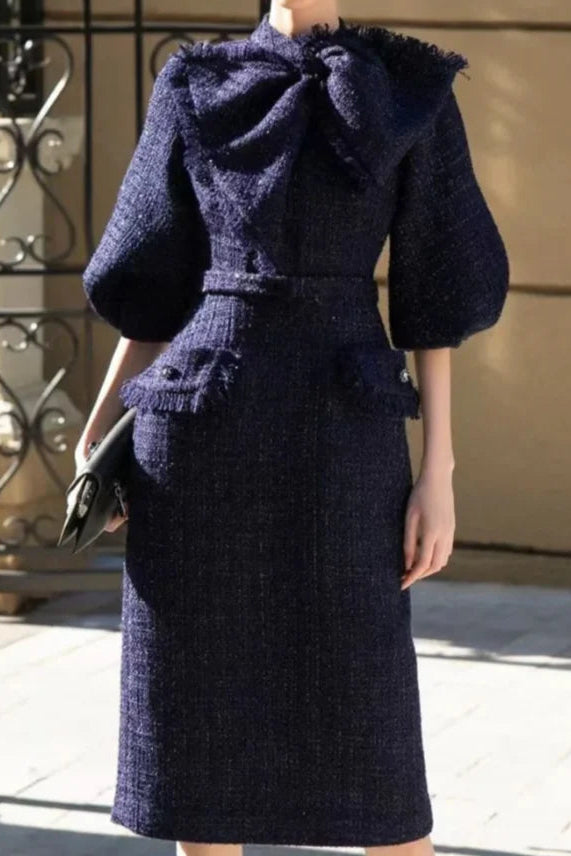 MILDRED TWEED BOW COLLAR MIDI DRESS, DARK BLUE