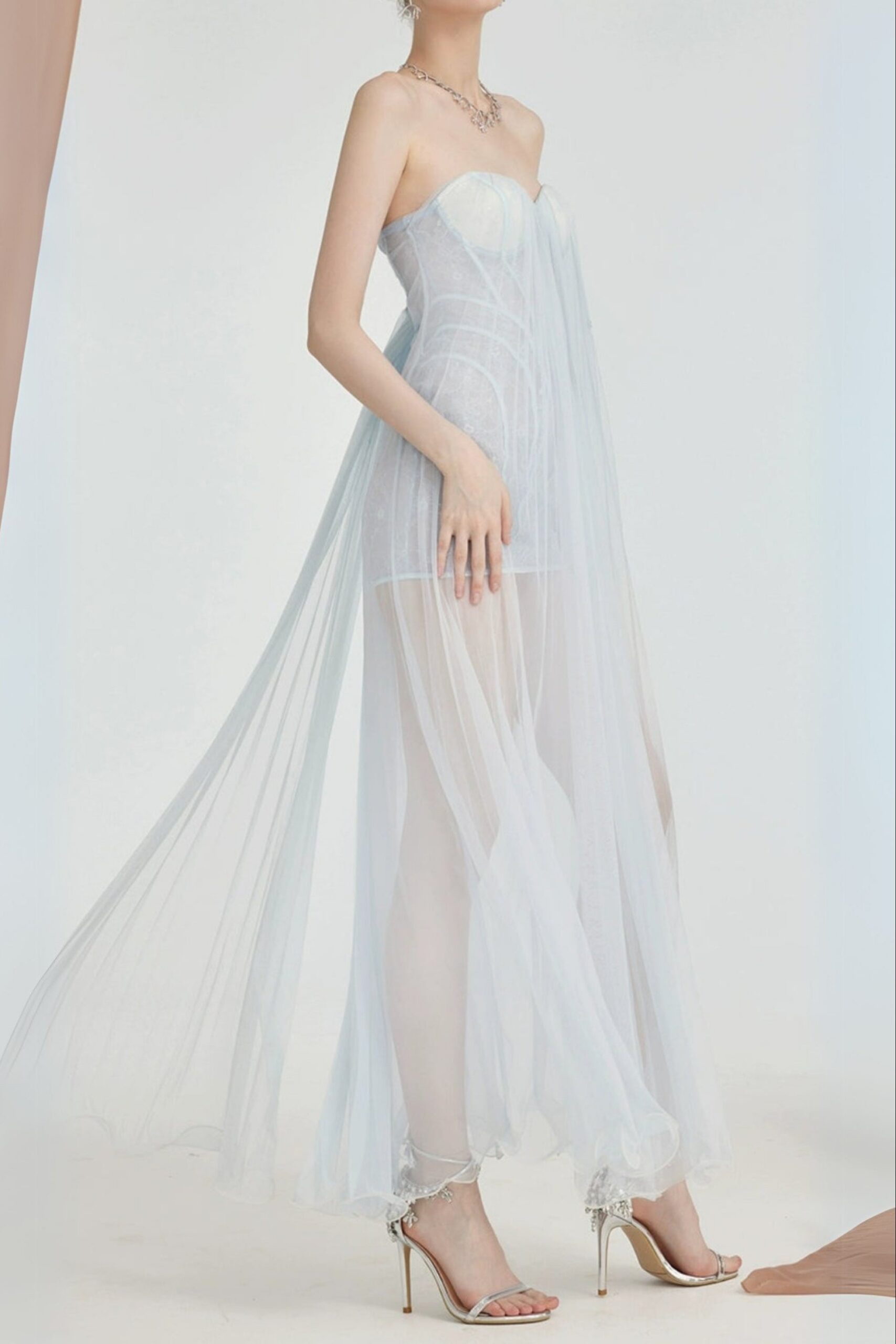 THEA STRAPLESS MESH BACKLESS MAXI DRESS IN LIGHT BLUE