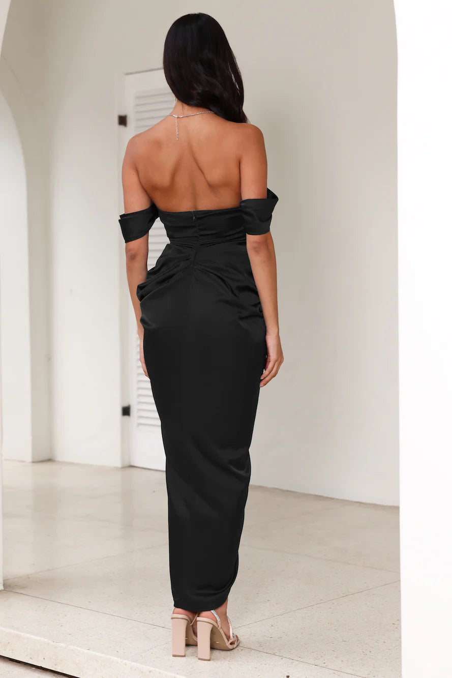 STRAPLESS SATIN MIDI DRESS, BLACK FORMAL
