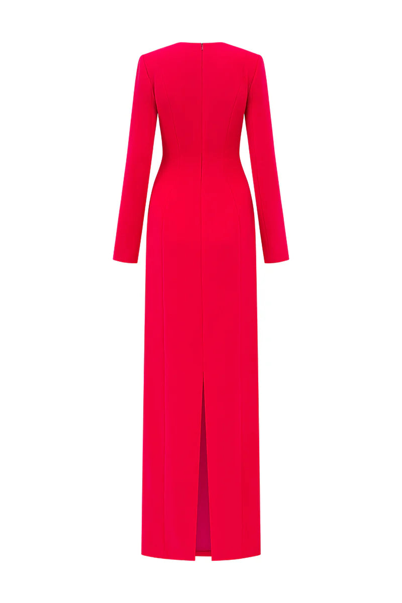 HILARY RED CRYSTAL MAXI DRESS, PADDED SHOULDER EVENING GOWN