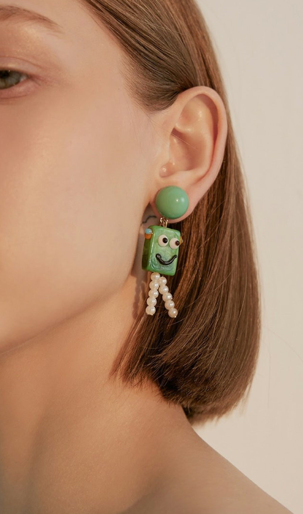 GREEN SMILEY PEARL DROP HOOP EARRINGS FOR PARTY