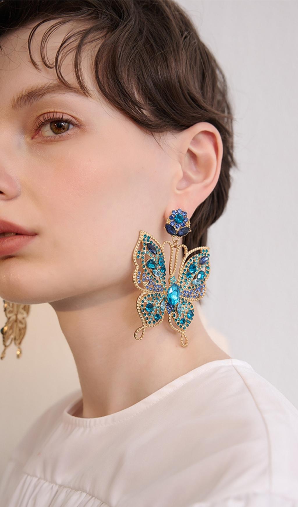 COLORFUL RHINESTONE BUTTERFLY DANGLE EARRINGS FOR PARTY