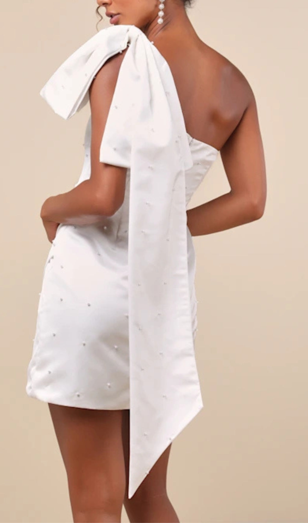 PEARL BOW ONE-SHOULDER MINI DRESS, COCKTAIL PARTY