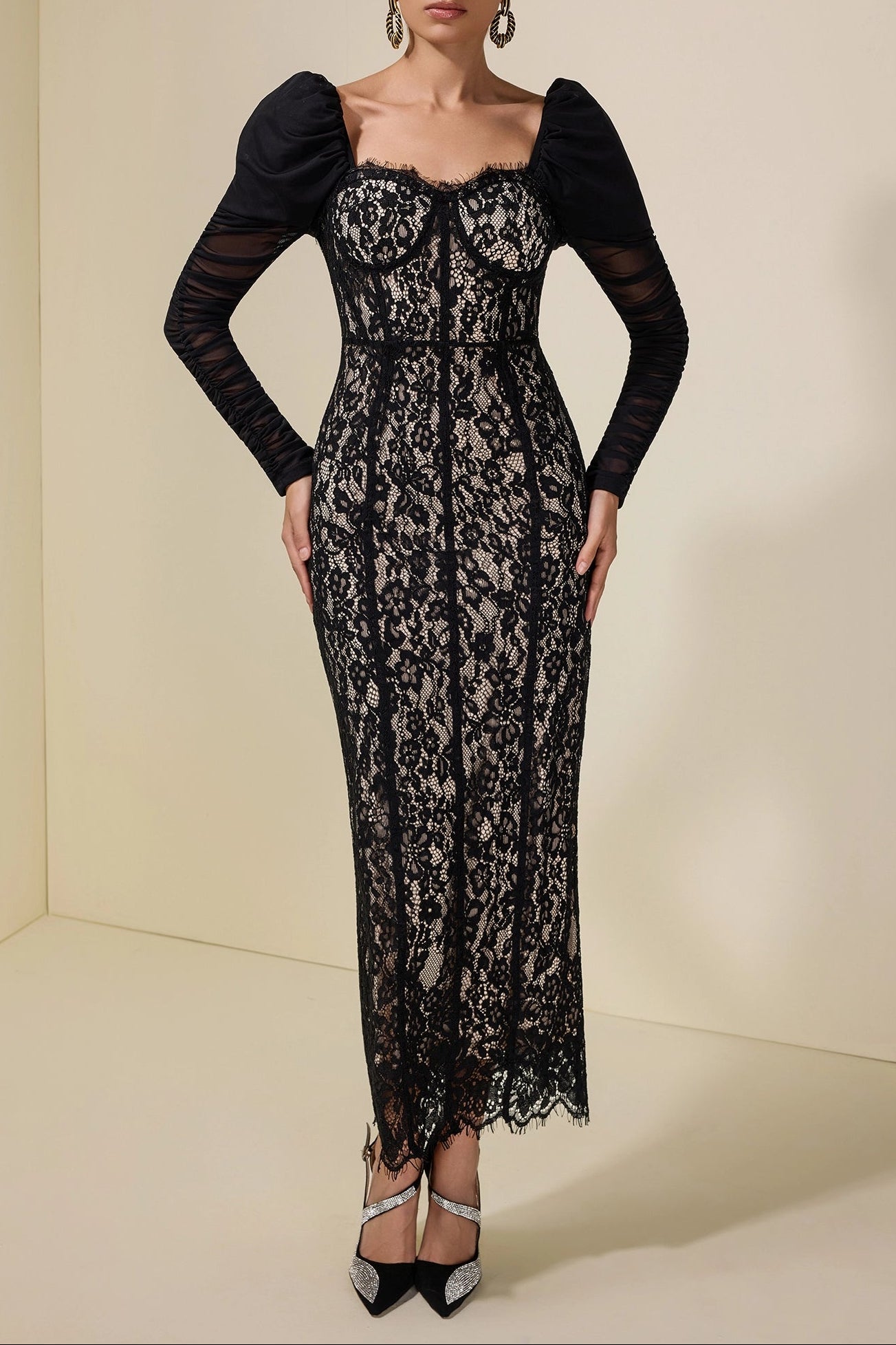 WENDY LACE MESH PUFF SLEEVE MIDI DRESS BLACK