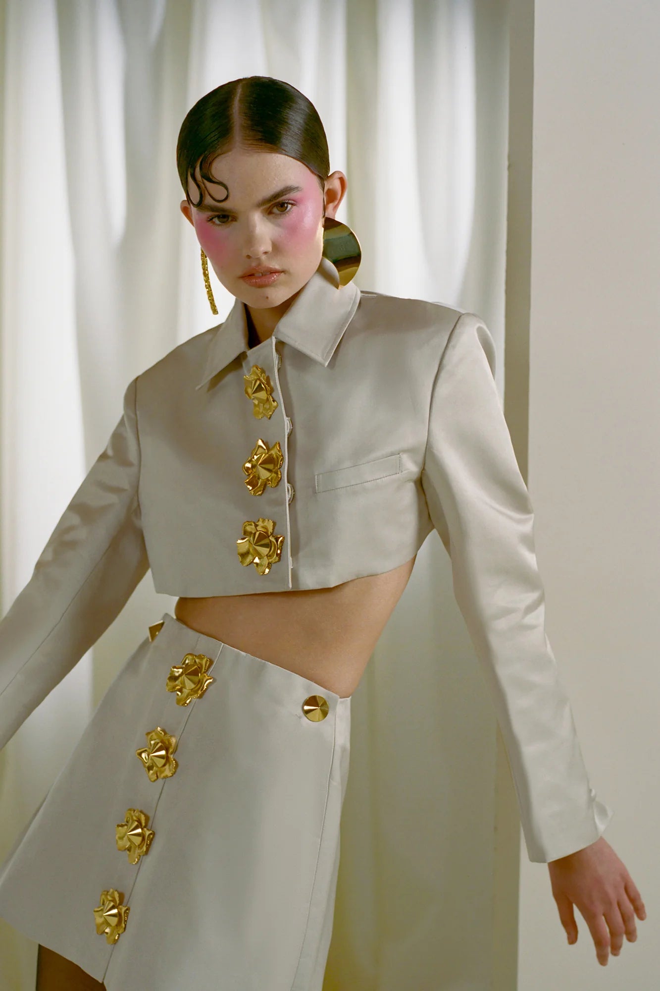 ODELETTE BEIGE BLAZER SKIRT SET, METAL BUTTONS, OFFICE WEAR