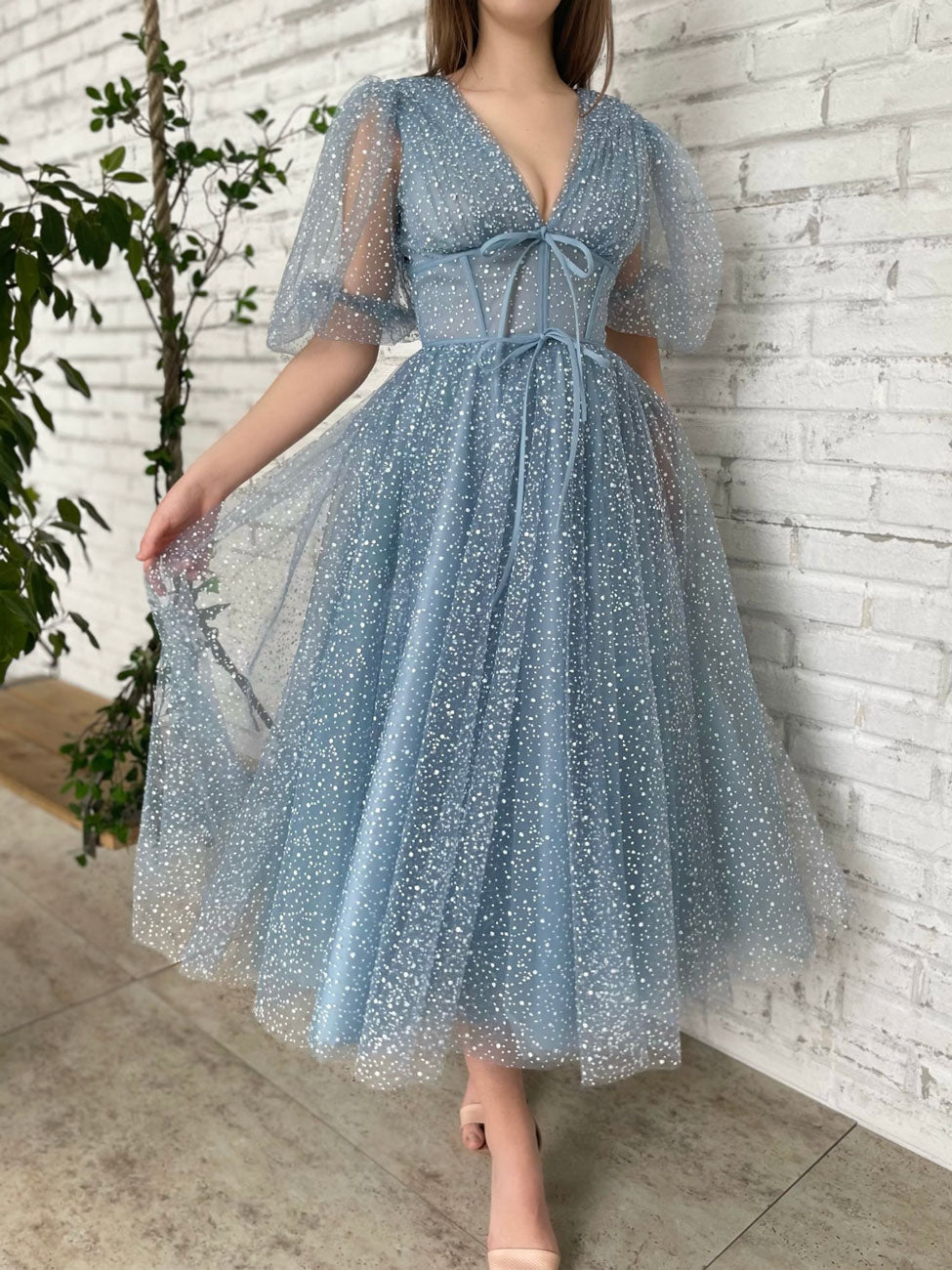 A-LINE GRAY BLUE MIDI DRESS FOR WORK