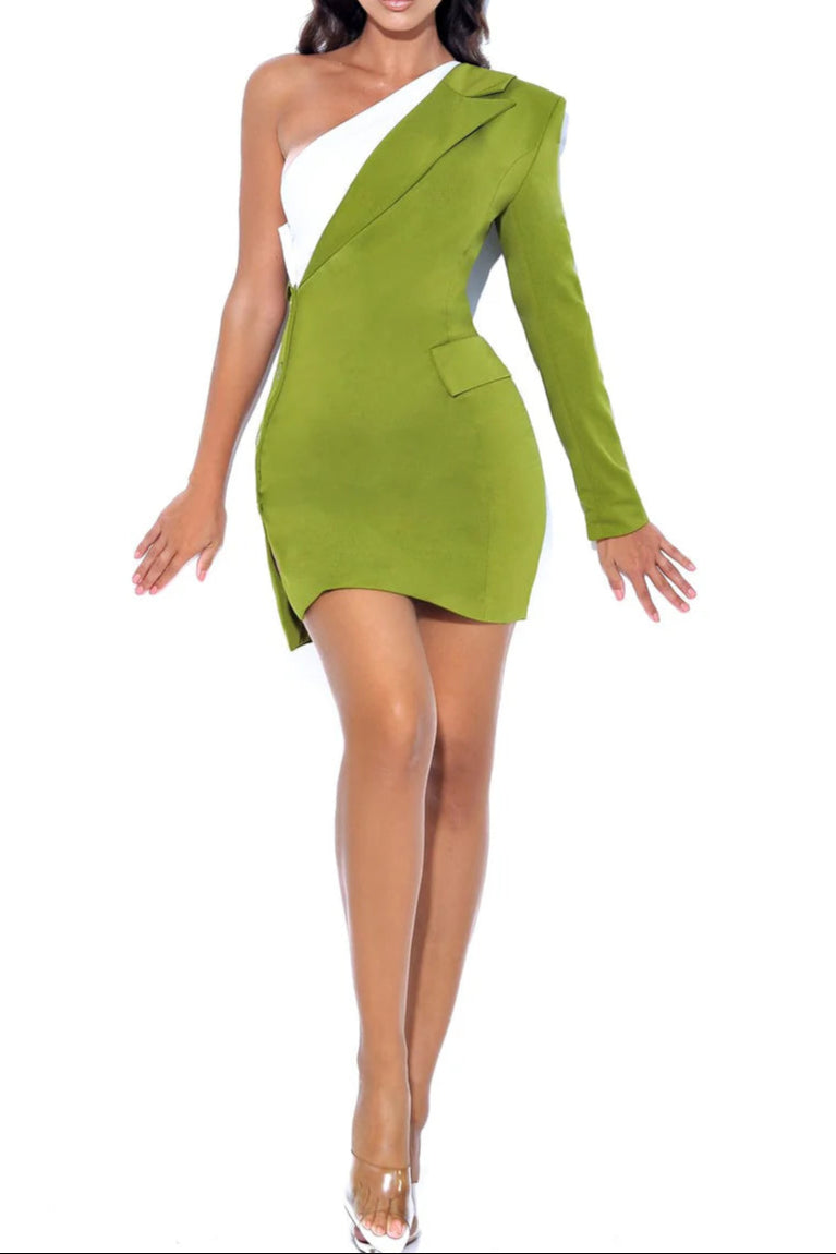 ONE-SLEEVE OLIVE BLAZER MINI DRESS FOR PARTY