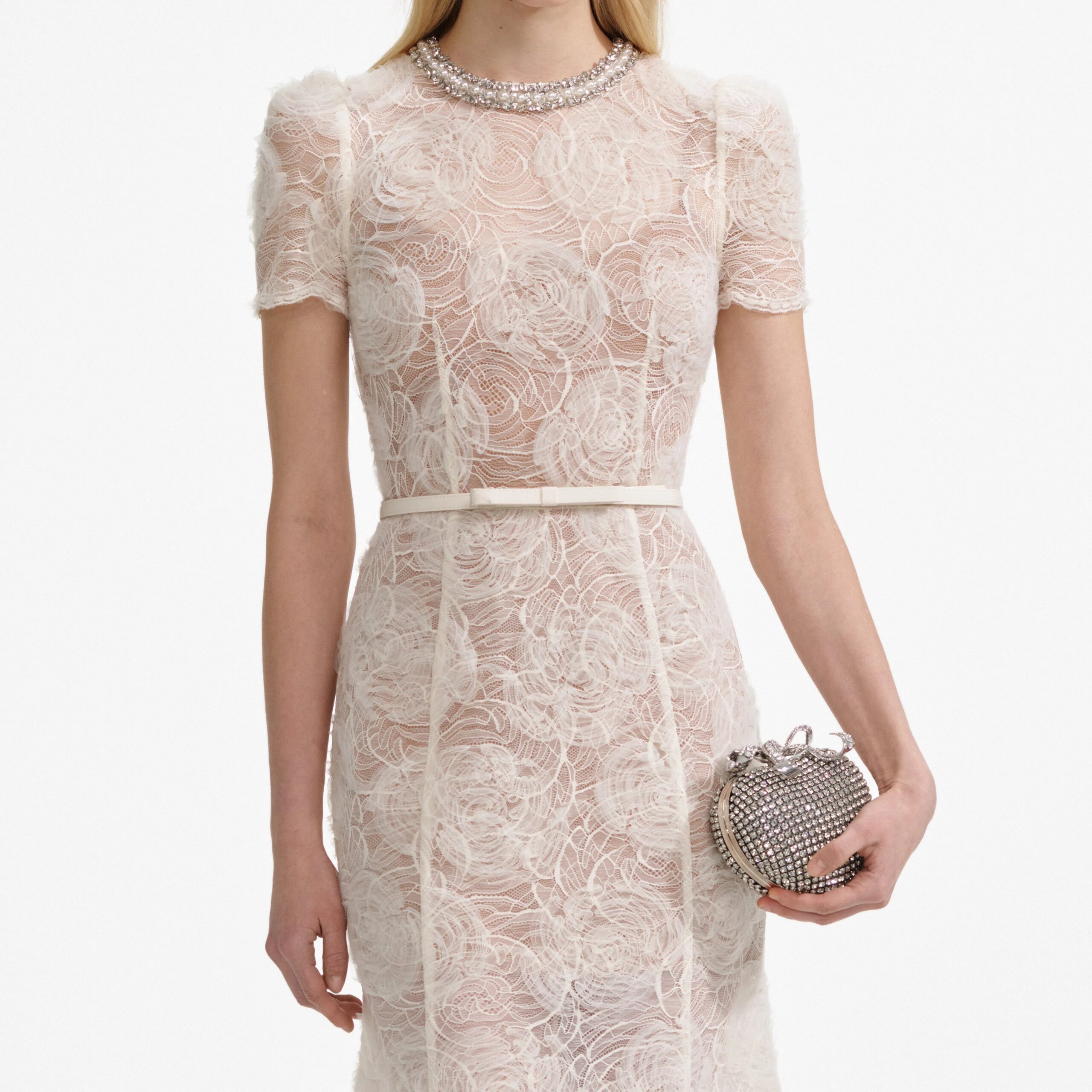 TULLE LACE MIDI DRESS WITH DIAMANTE BEIGE