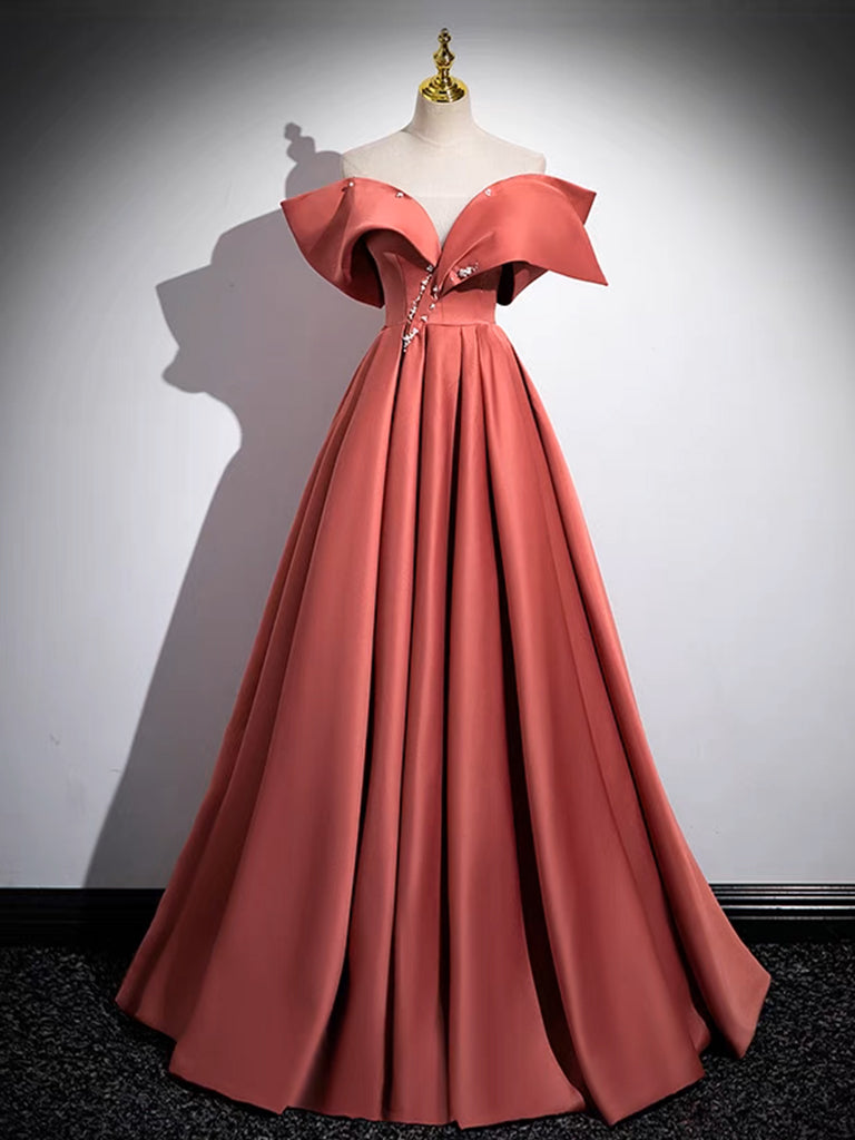 A-LINE OFF SHOULDER SATIN DRESS IN WATERMELON RED