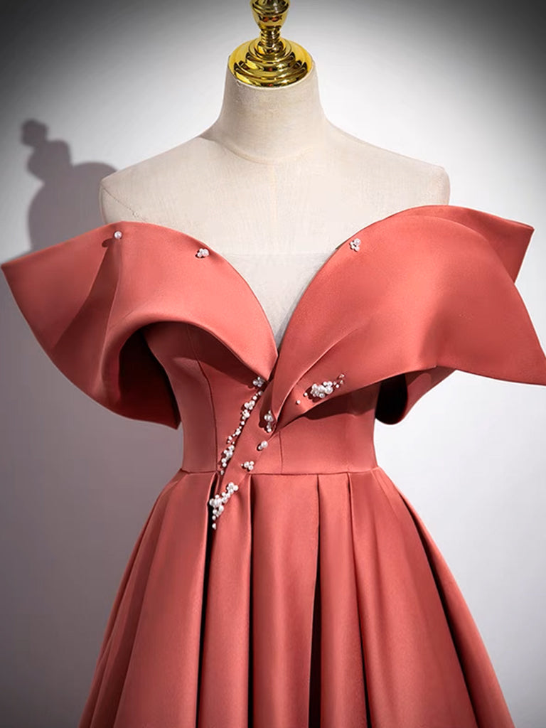 A-LINE OFF SHOULDER SATIN DRESS IN WATERMELON RED